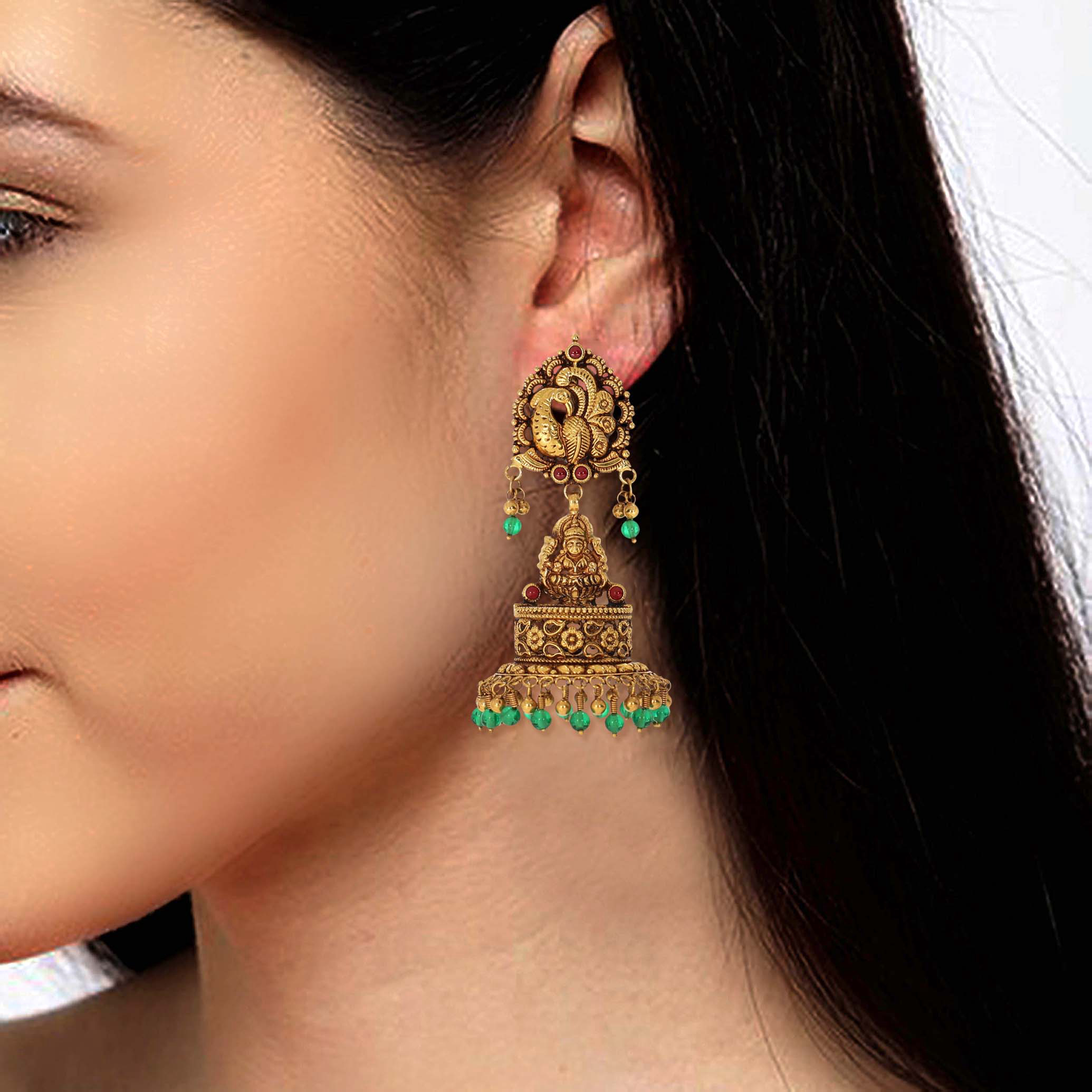 Royal Blessings Antique Gold Jhumka Earrings - Senco Gold and Diamonds