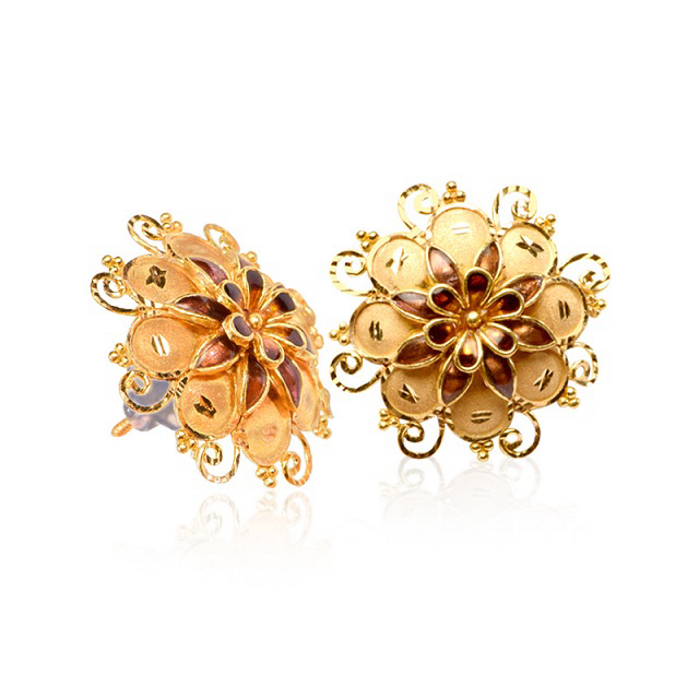 Floral Meenakari Gold Studs - Senco Gold and Diamonds