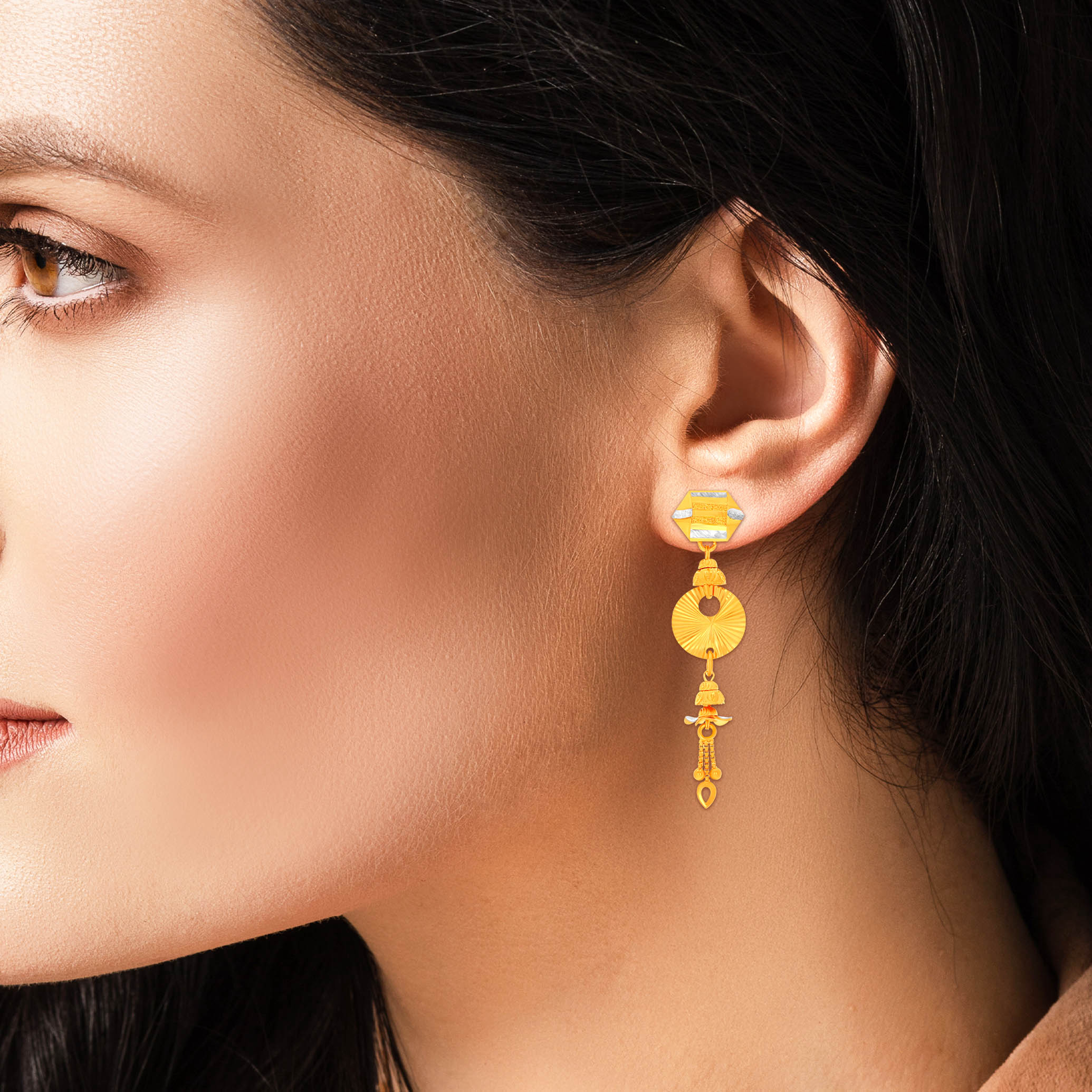 Radiant Hexagonal Drop Gold Dangler Earrings - Senco Gold and Diamonds