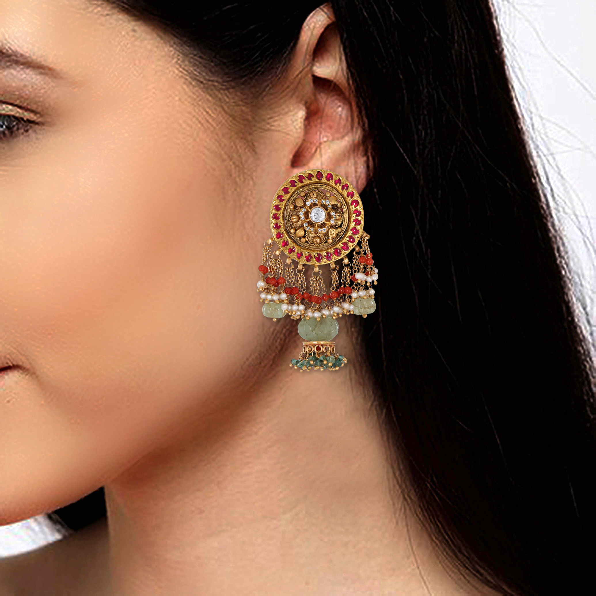 Floral Antique Gold Kundan Earrings - Senco Gold and Diamonds