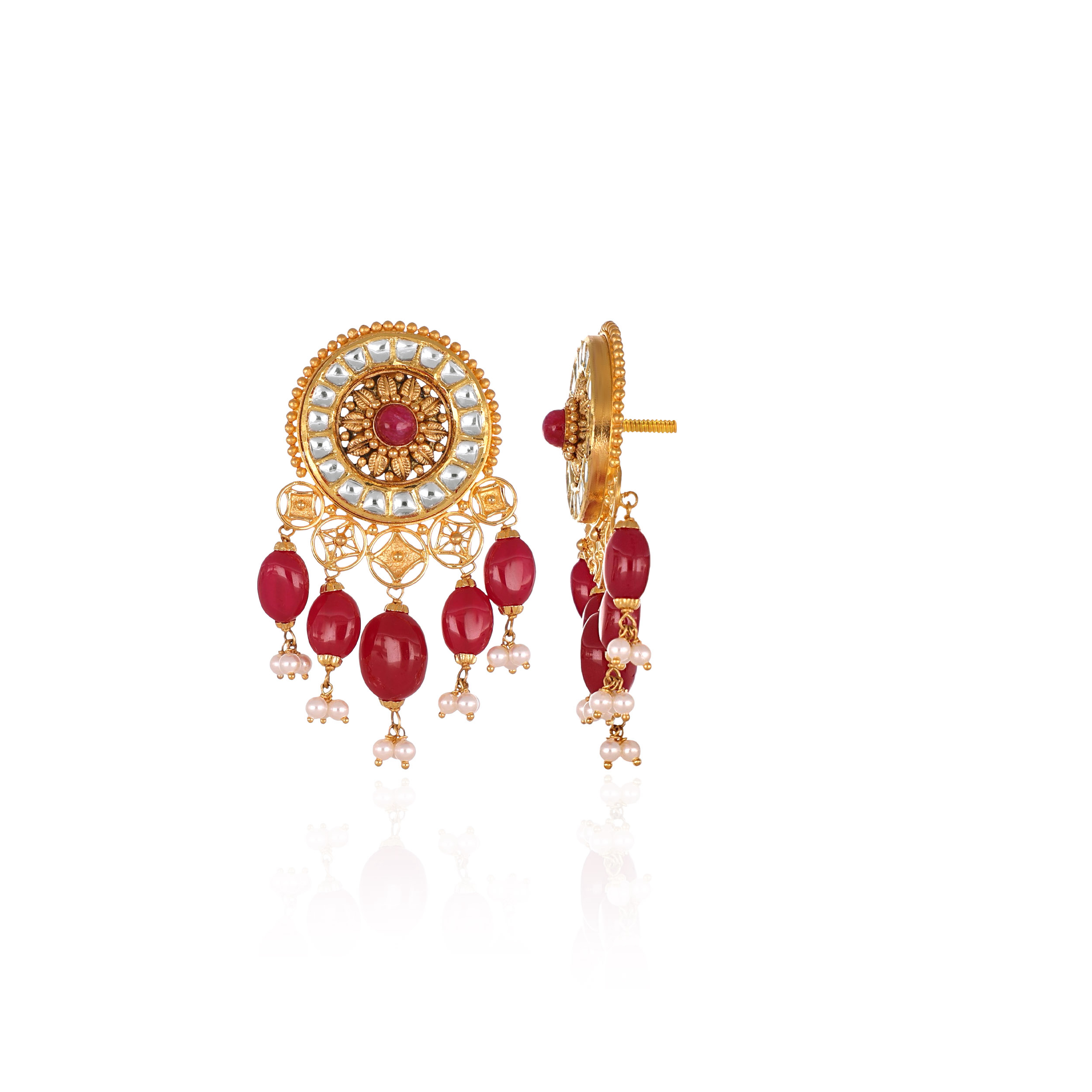 Crimson Cascade Kundan Gold Earrings - Senco Gold and Diamonds