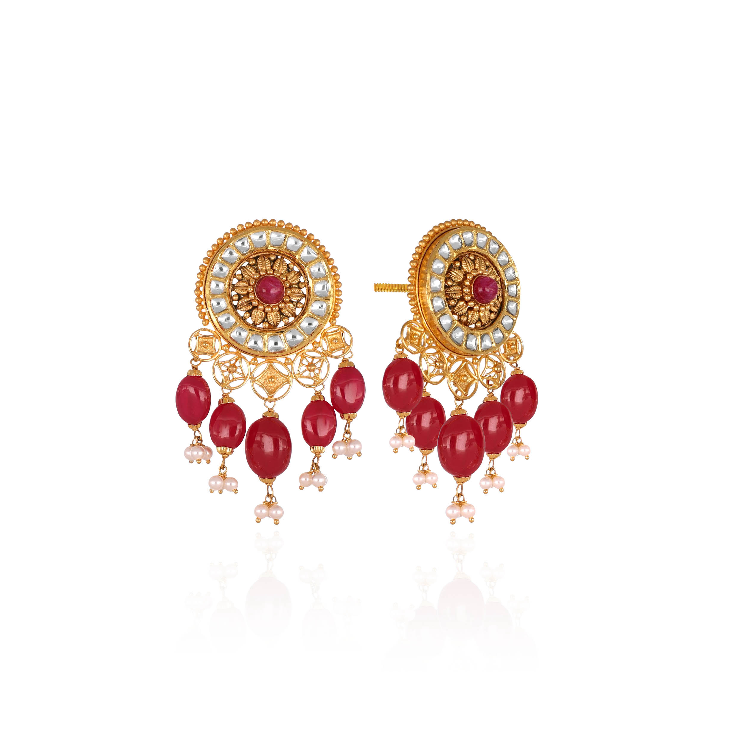 Crimson Cascade Kundan Gold Earrings - Senco Gold and Diamonds