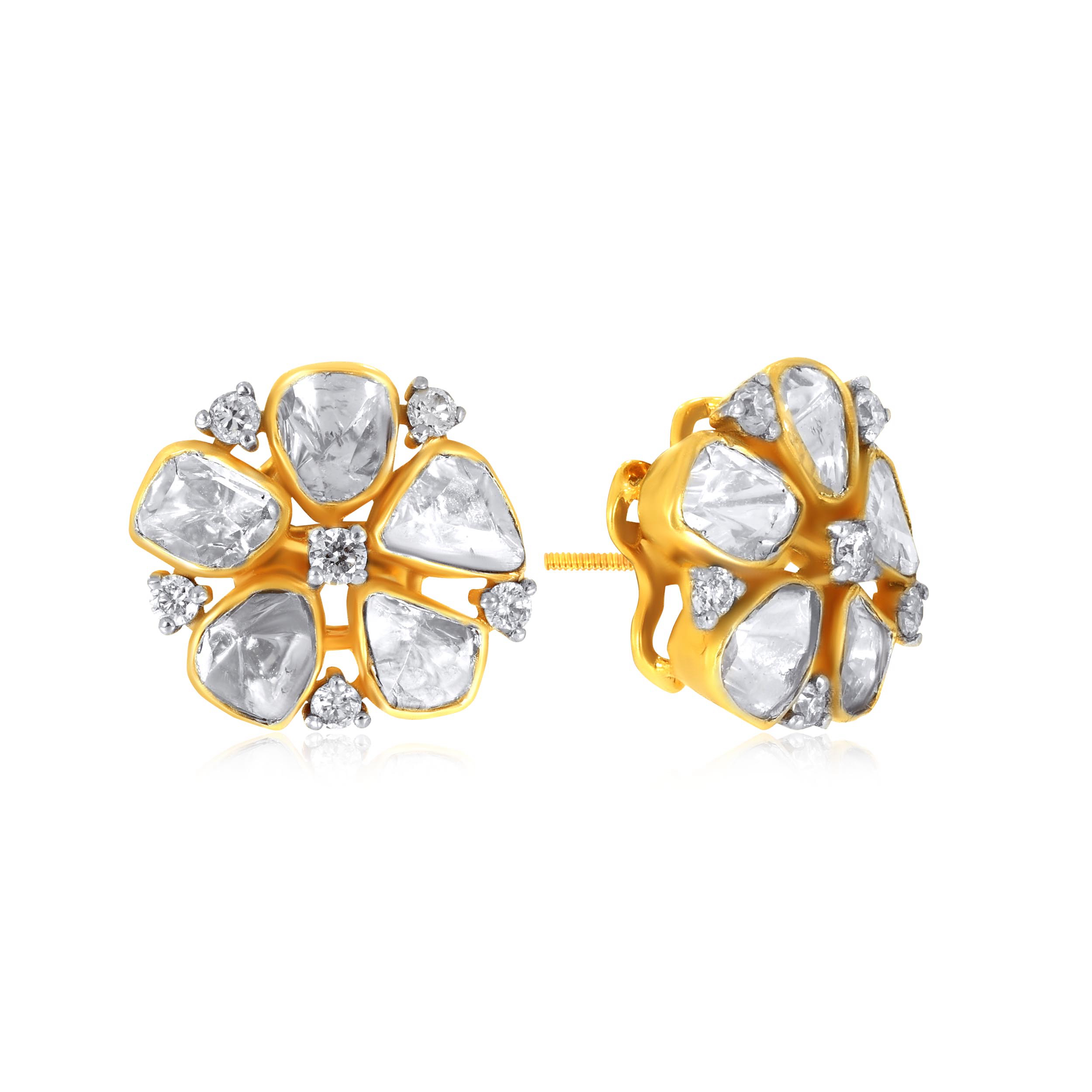 Sunlit Blossom Polki Diamond Studs - Senco Gold and Diamonds