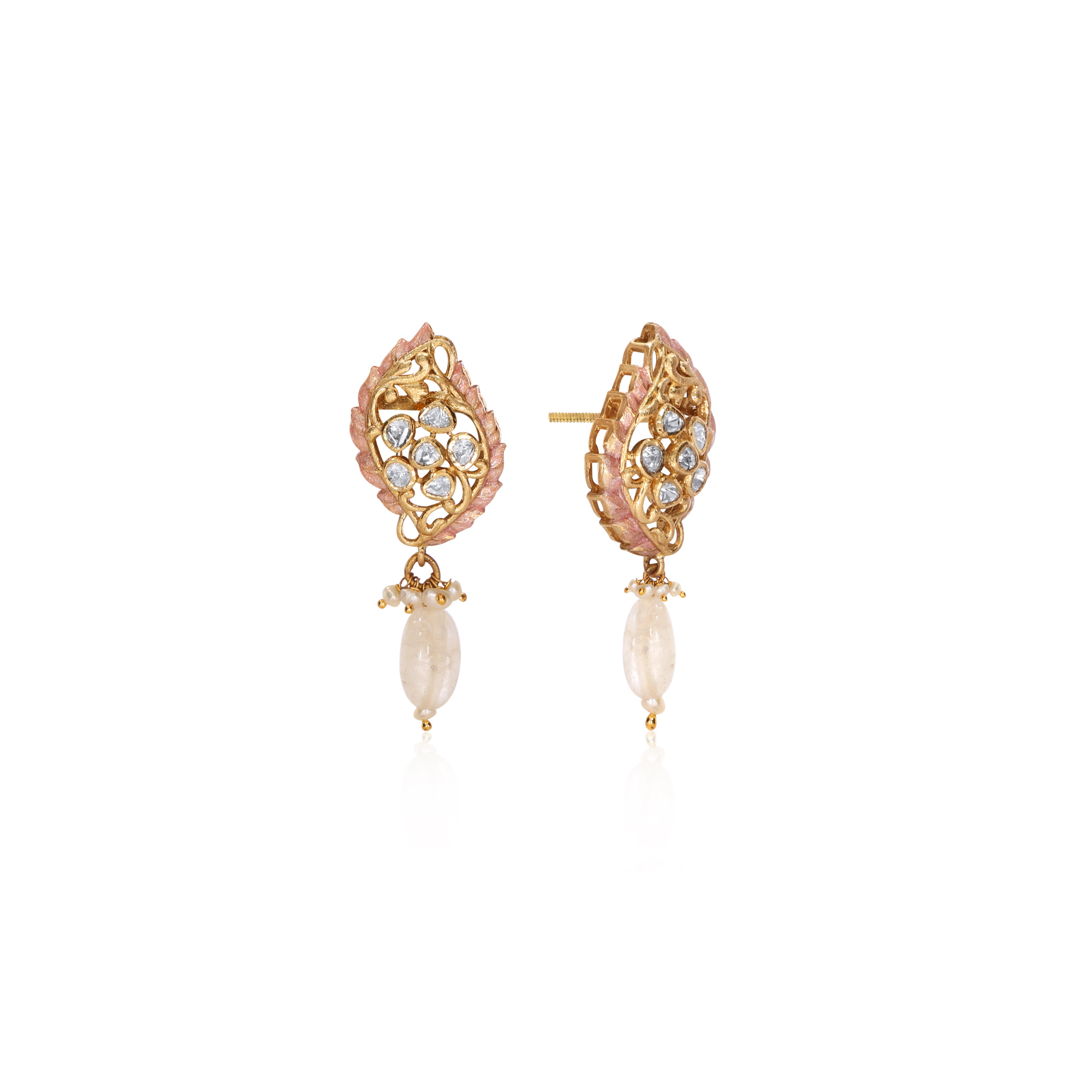 Artistic Leaf Polki Gold Drop Earrings - Senco Gold and Diamonds