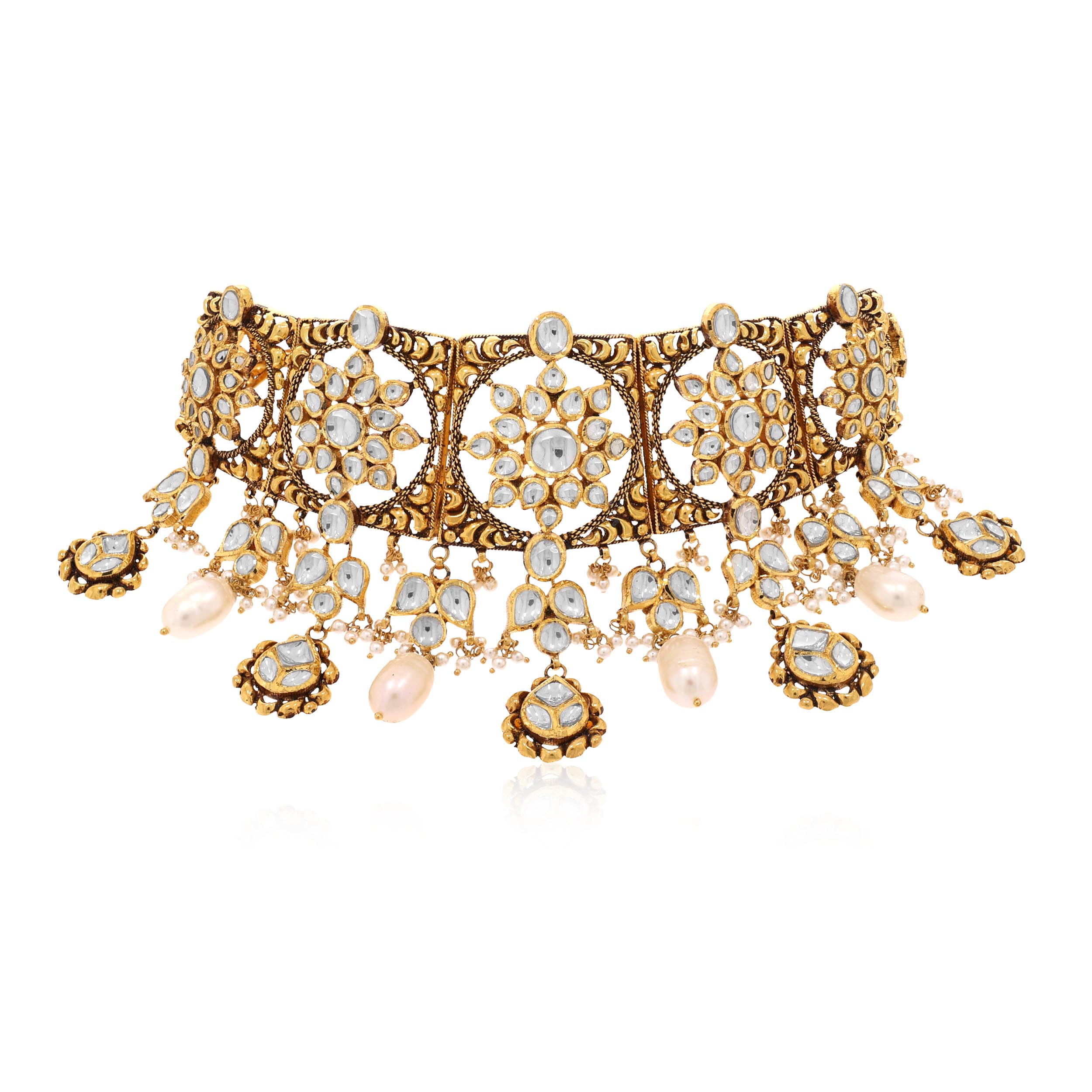 Blooming Antique Gold Kundan Choker Necklace - Senco Gold and Diamonds