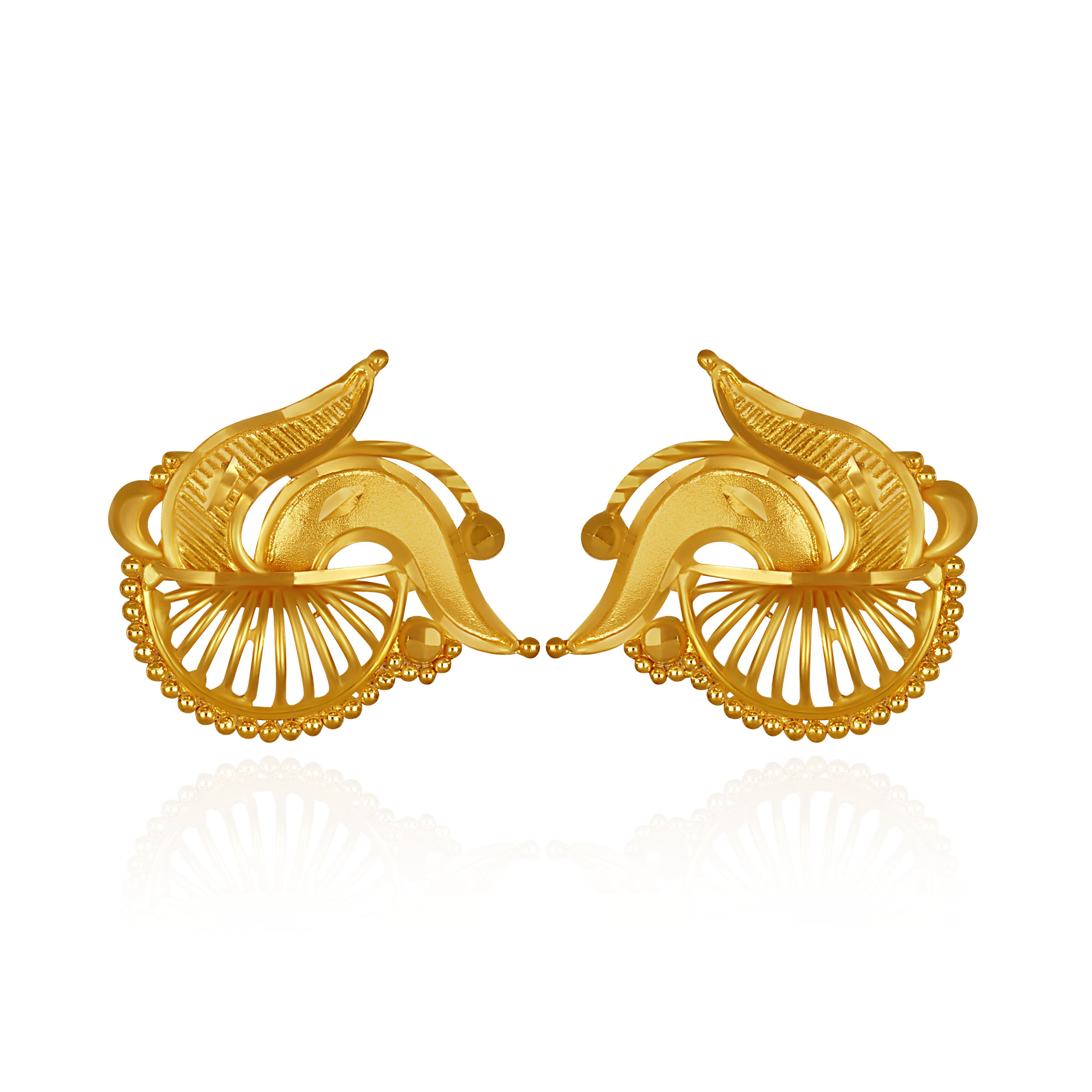 Artisanal Feather Motif Gold Studs - Senco Gold and Diamonds