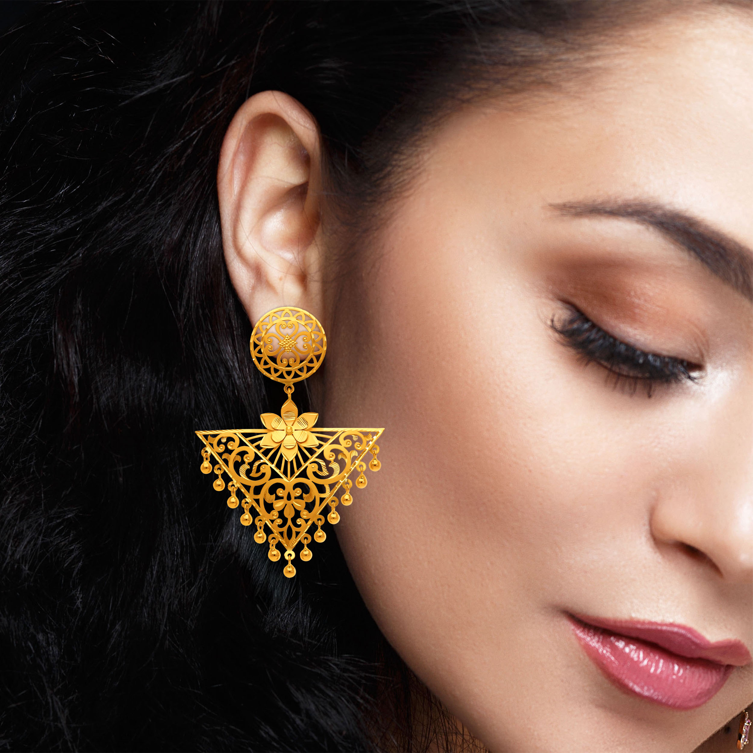 Triangular Tapestry Gold Drop Earrings - Senco Gold and Diamonds