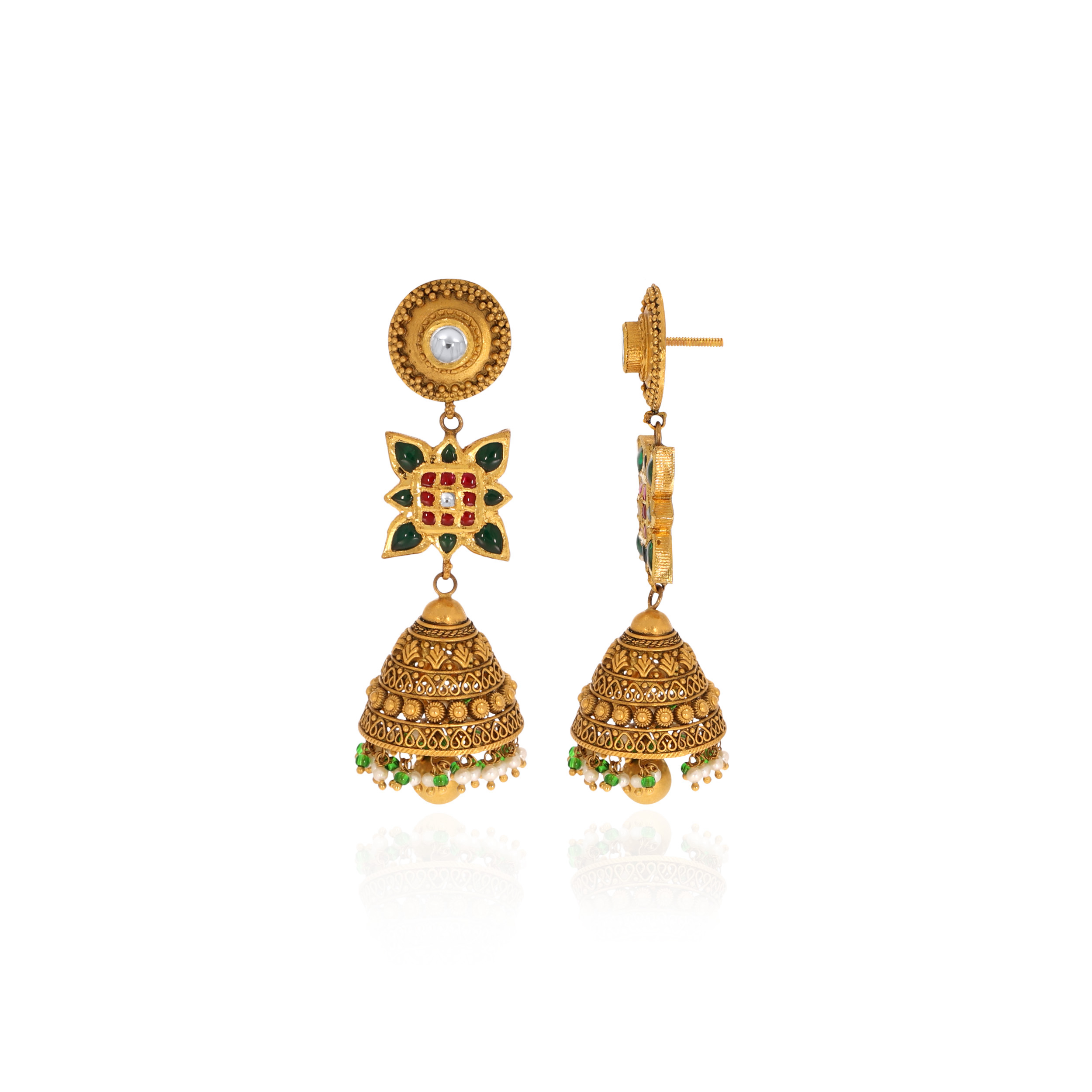 Ethnic Antique Gold Kundan Jhumka Earrings - Senco Gold and Diamonds