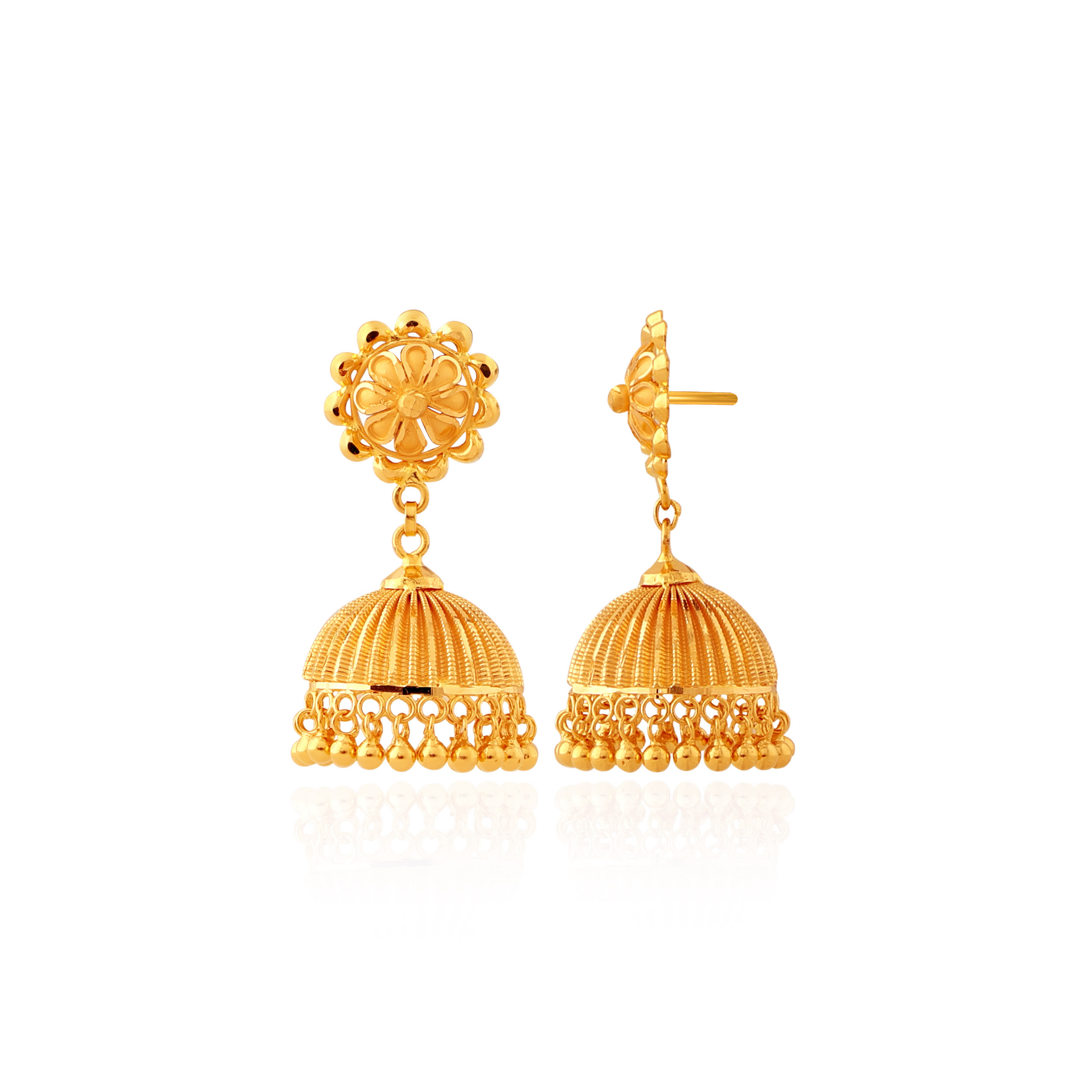 Delicate Ribbed Detail Gold Jhumka Earrings - Senco Gold and Diamonds
