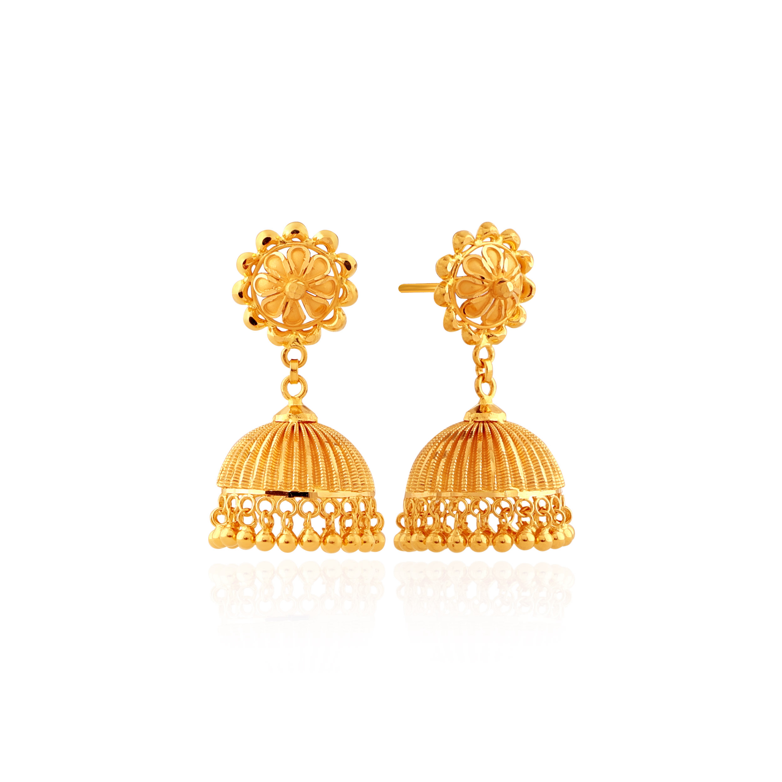Delicate Ribbed Detail Gold Jhumka Earrings - Senco Gold and Diamonds