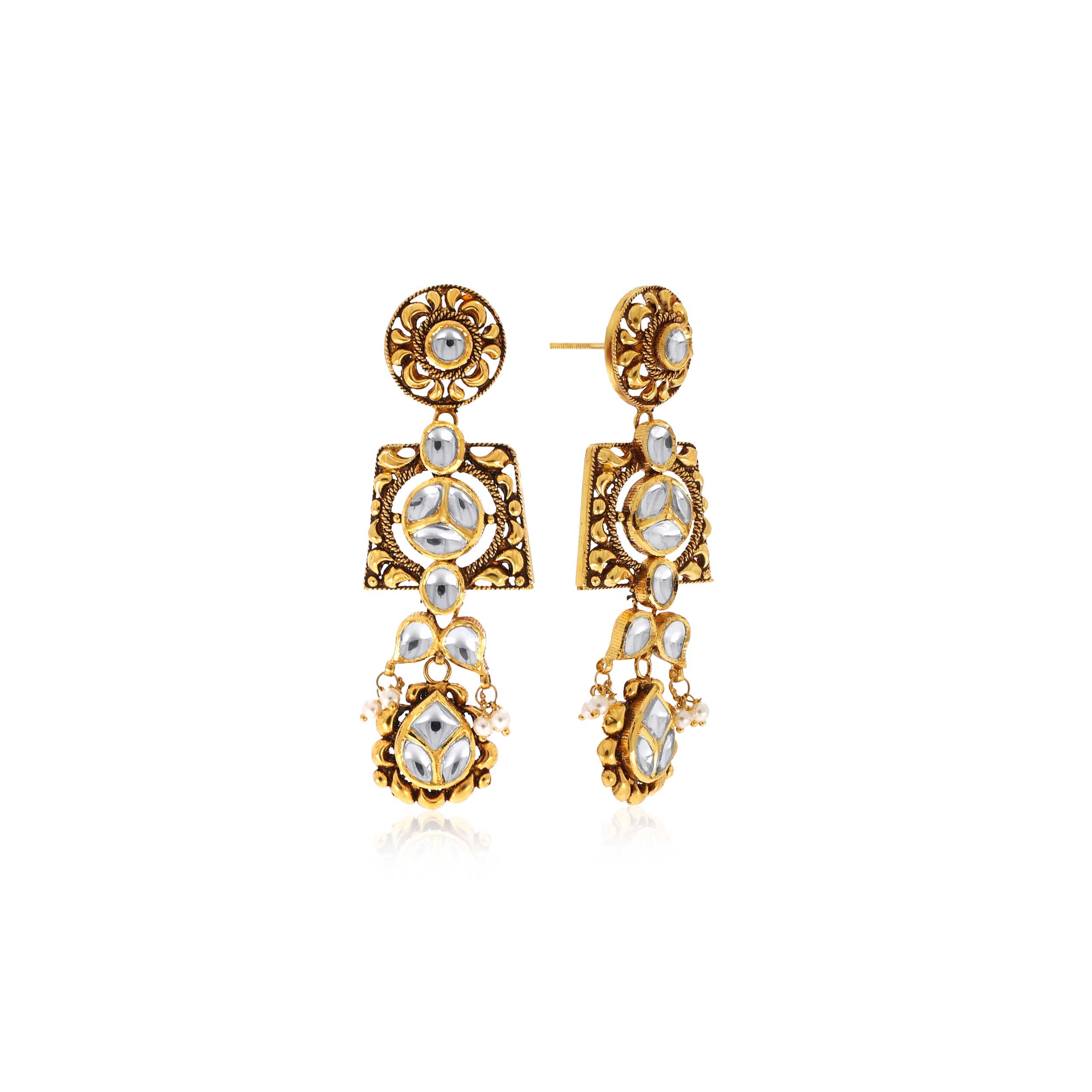 Conventional Art Antique Gold Kundan Danglers - Senco Gold and Diamonds