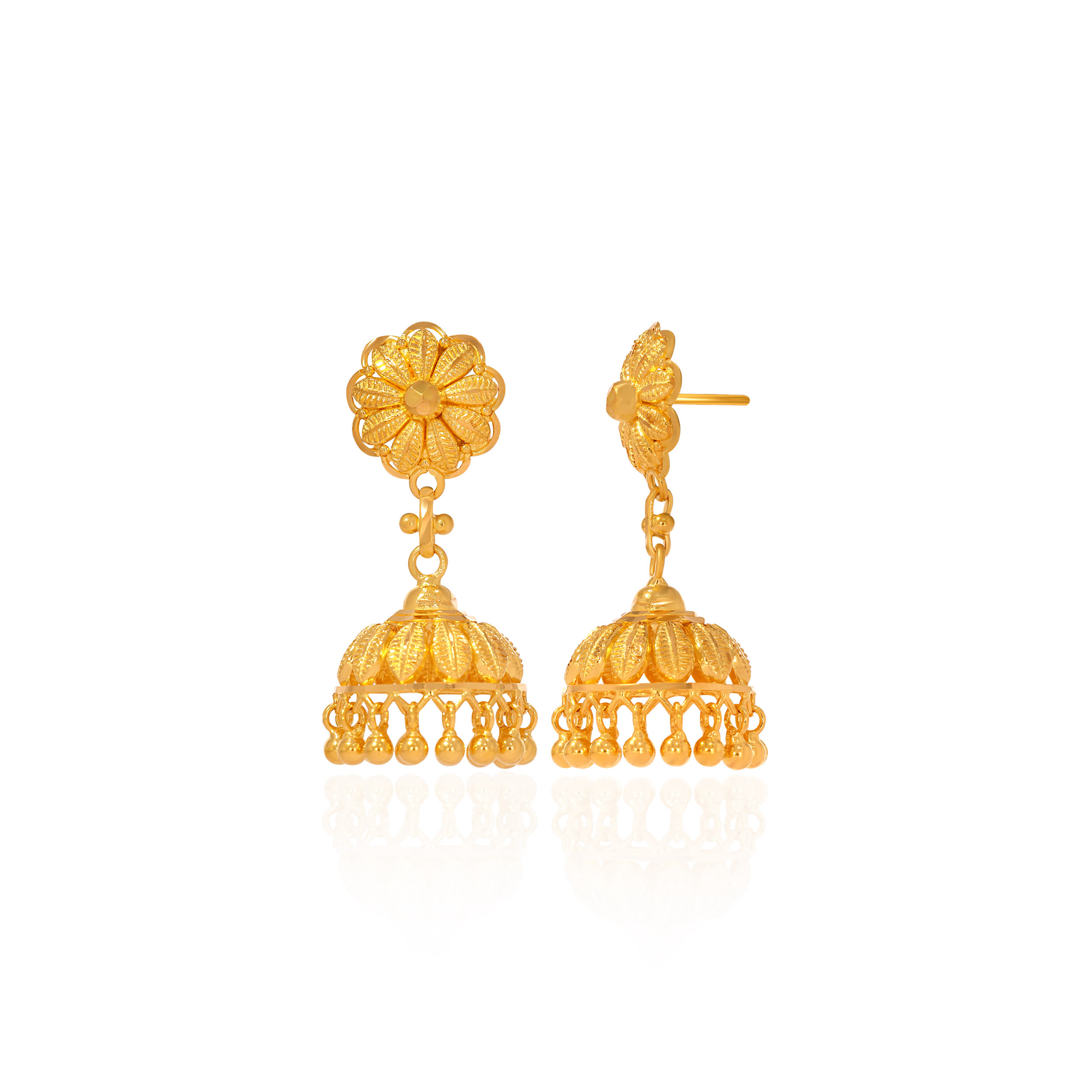 Floral Embellished Gold Jhumka Earrings - Senco Gold and Diamonds