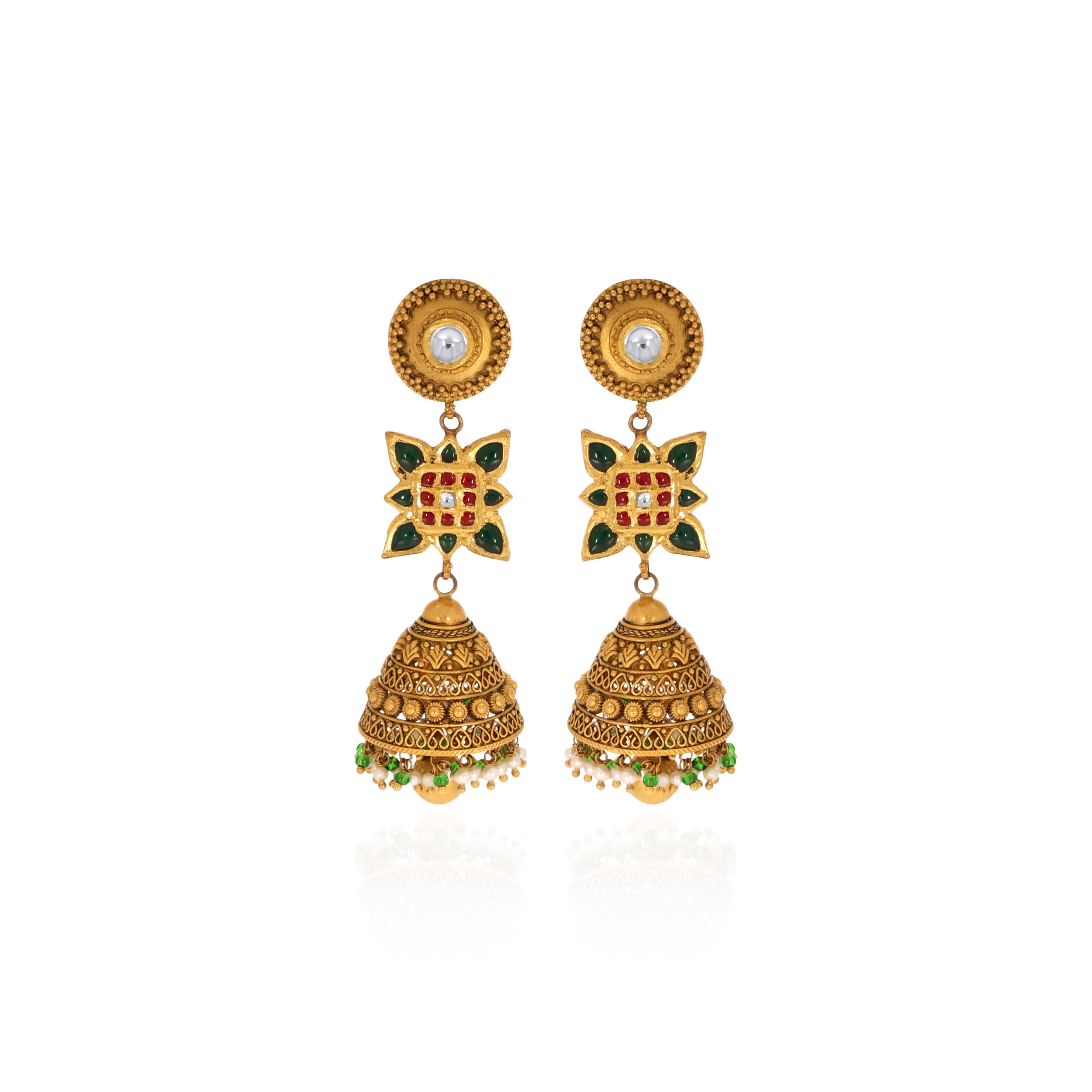 Ethnic Antique Gold Kundan Jhumka Earrings - Senco Gold and Diamonds