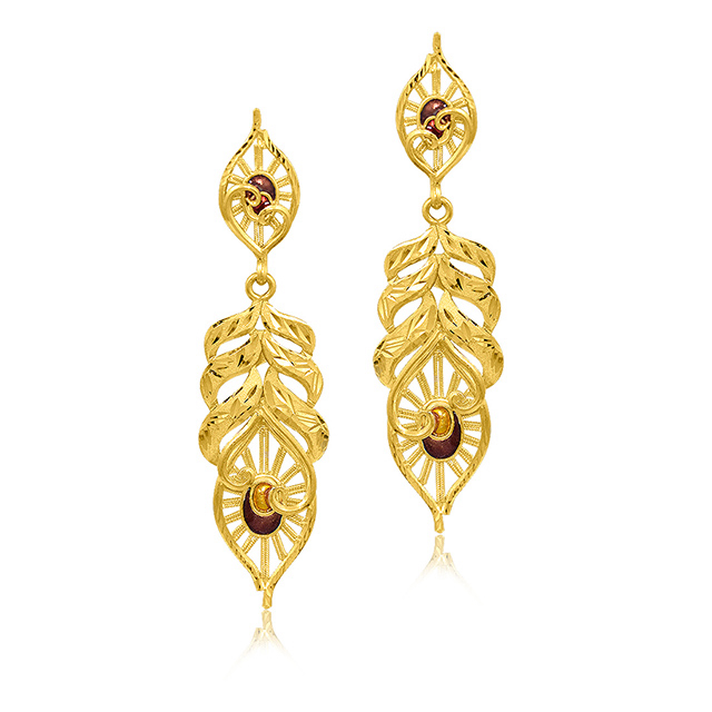 Royal Feather Gold Drop Earrings - Senco Gold and Diamonds