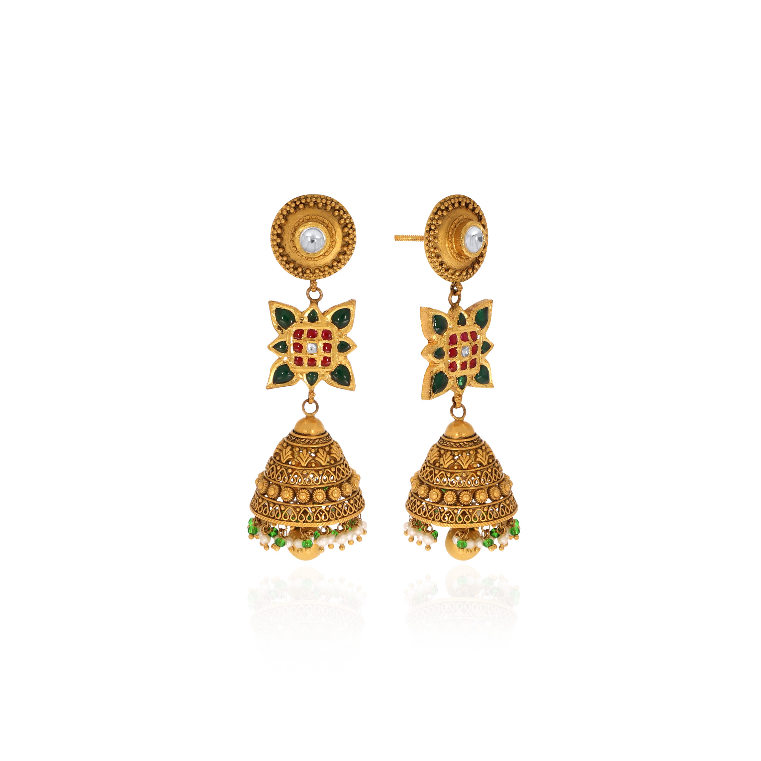 Ethnic Antique Gold Kundan Jhumka Earrings - Senco Gold and Diamonds