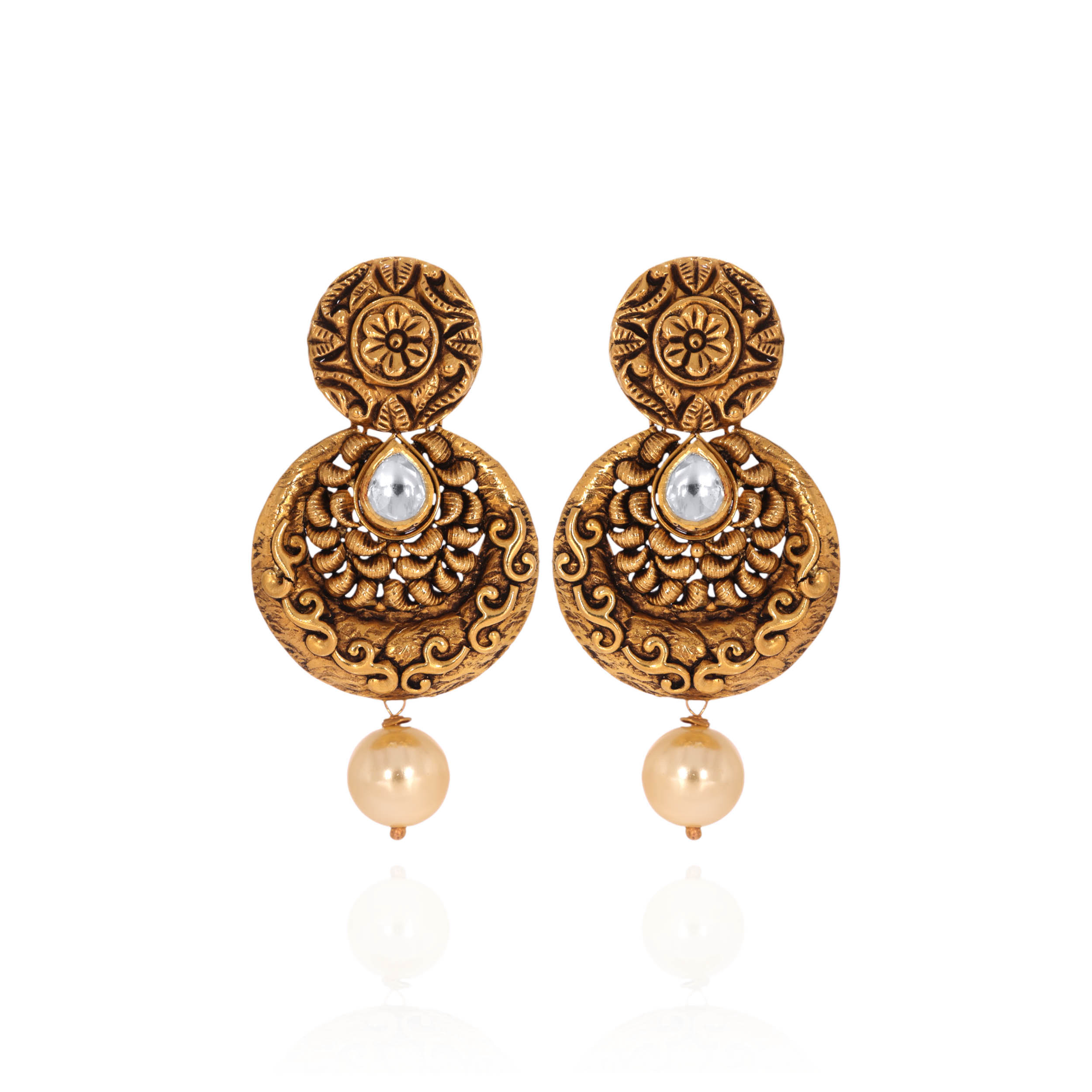 Heritage Carved Gold Kundan Earrings - Senco Gold and Diamonds