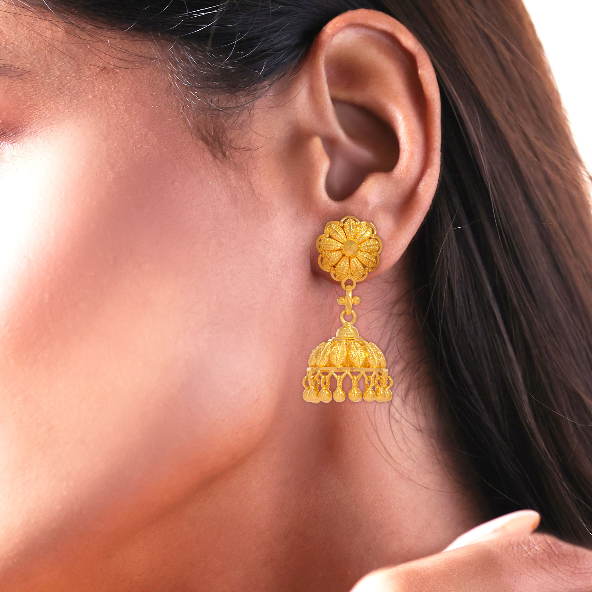 Floral Embellished Gold Jhumka Earrings - Senco Gold and Diamonds