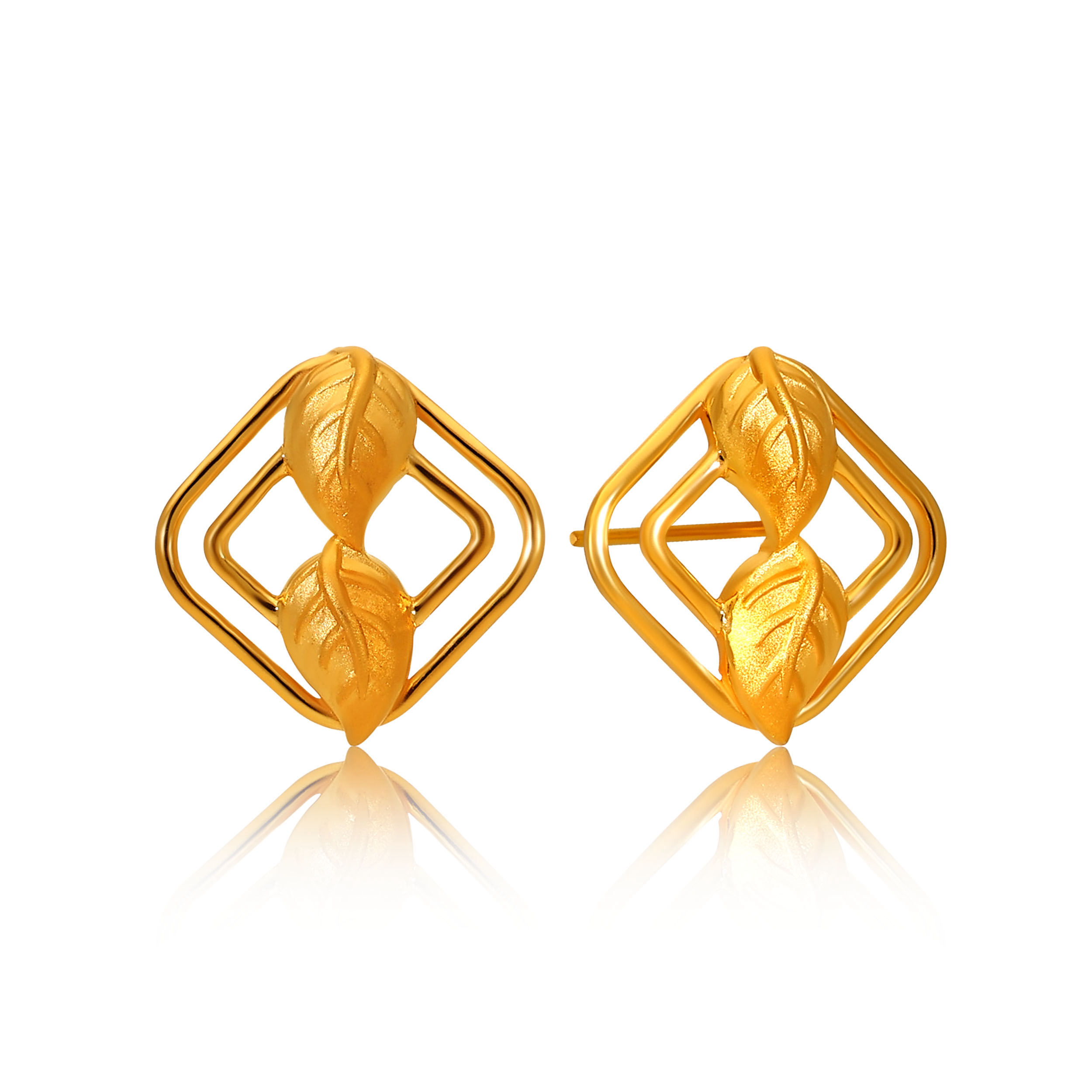 Leaf In Square Gold Studs - Senco Gold and Diamonds