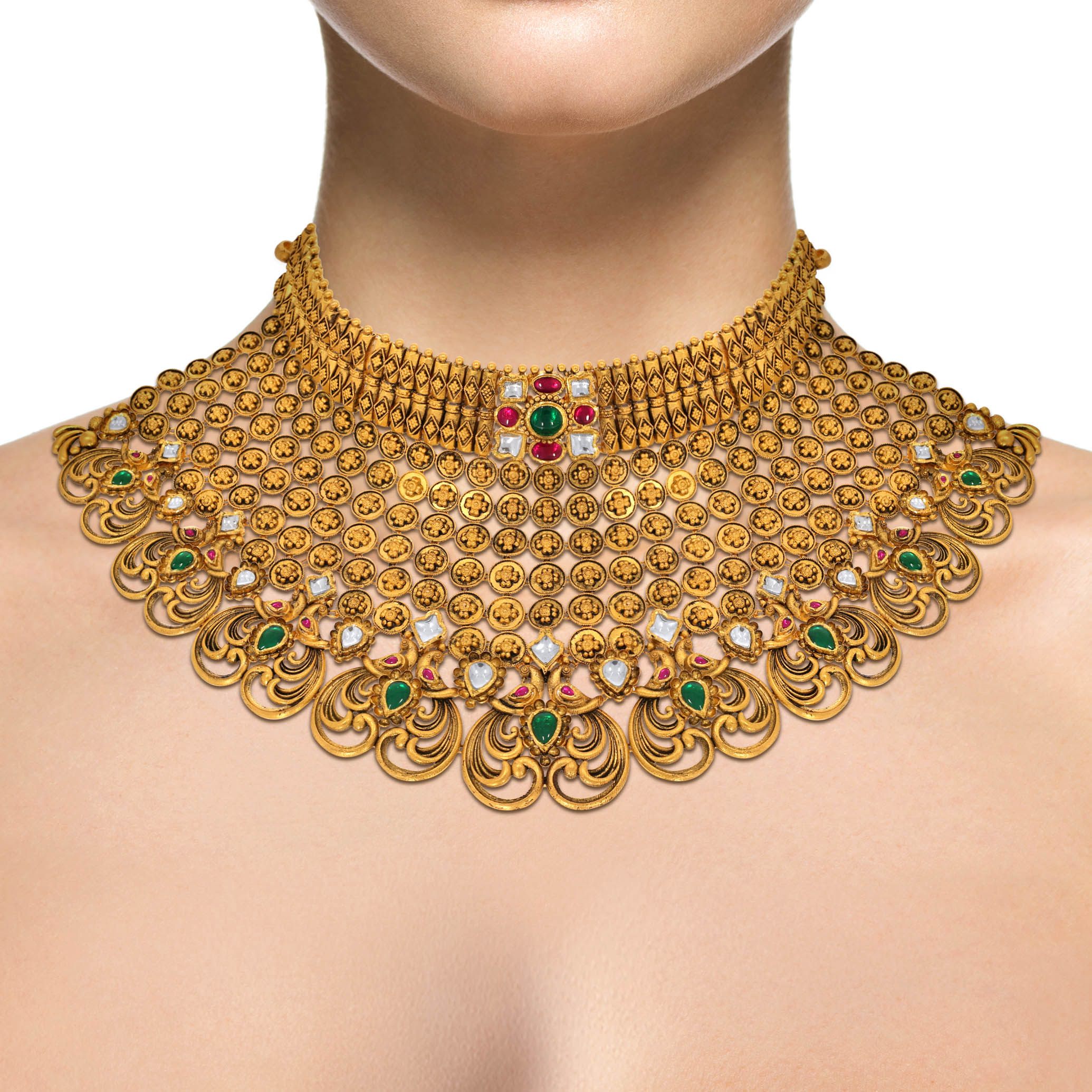 Floral Delight Antique Gold Kundan Choker Necklace - Senco Gold and Diamonds