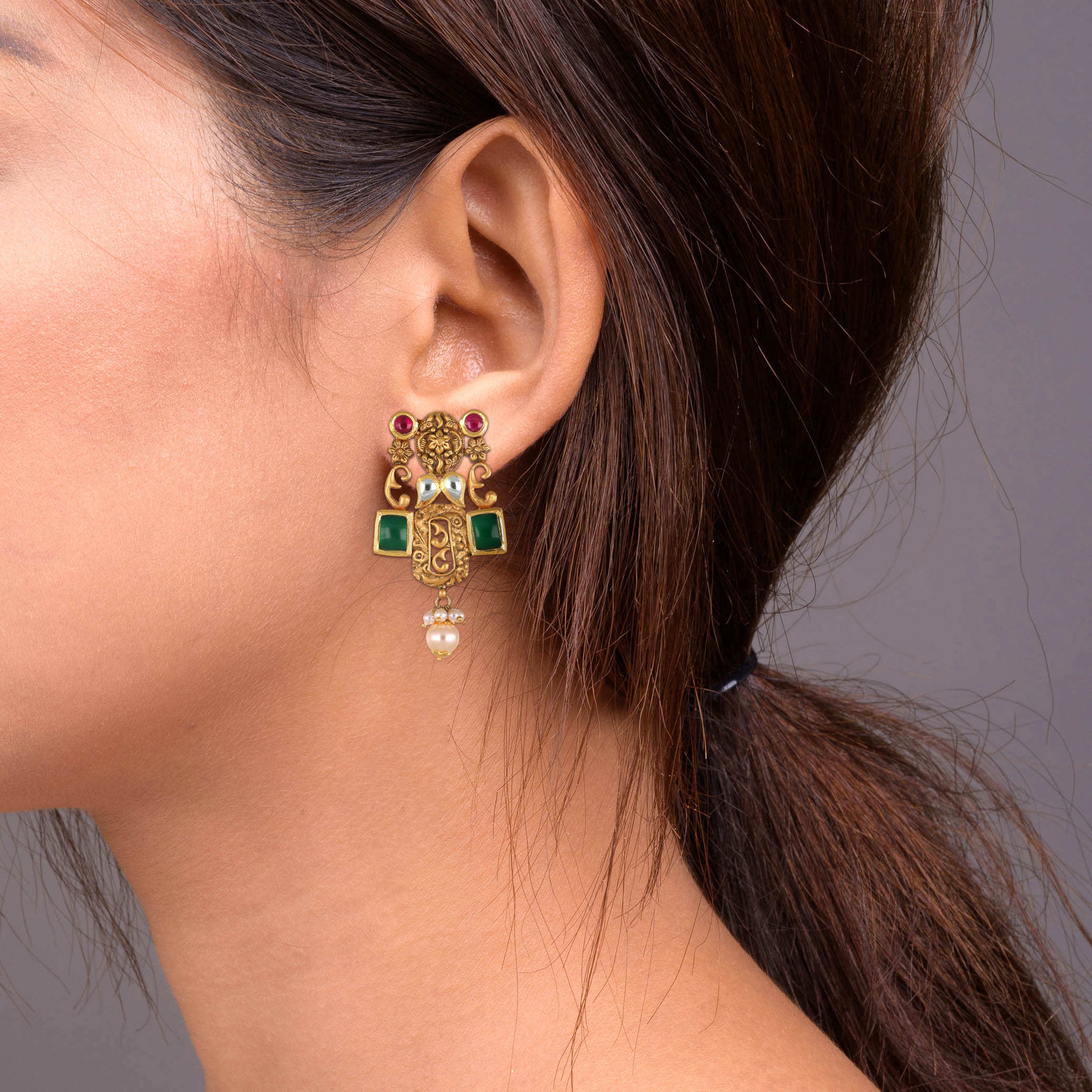 Vintage Kundan Drop Earrings - Senco Gold and Diamonds