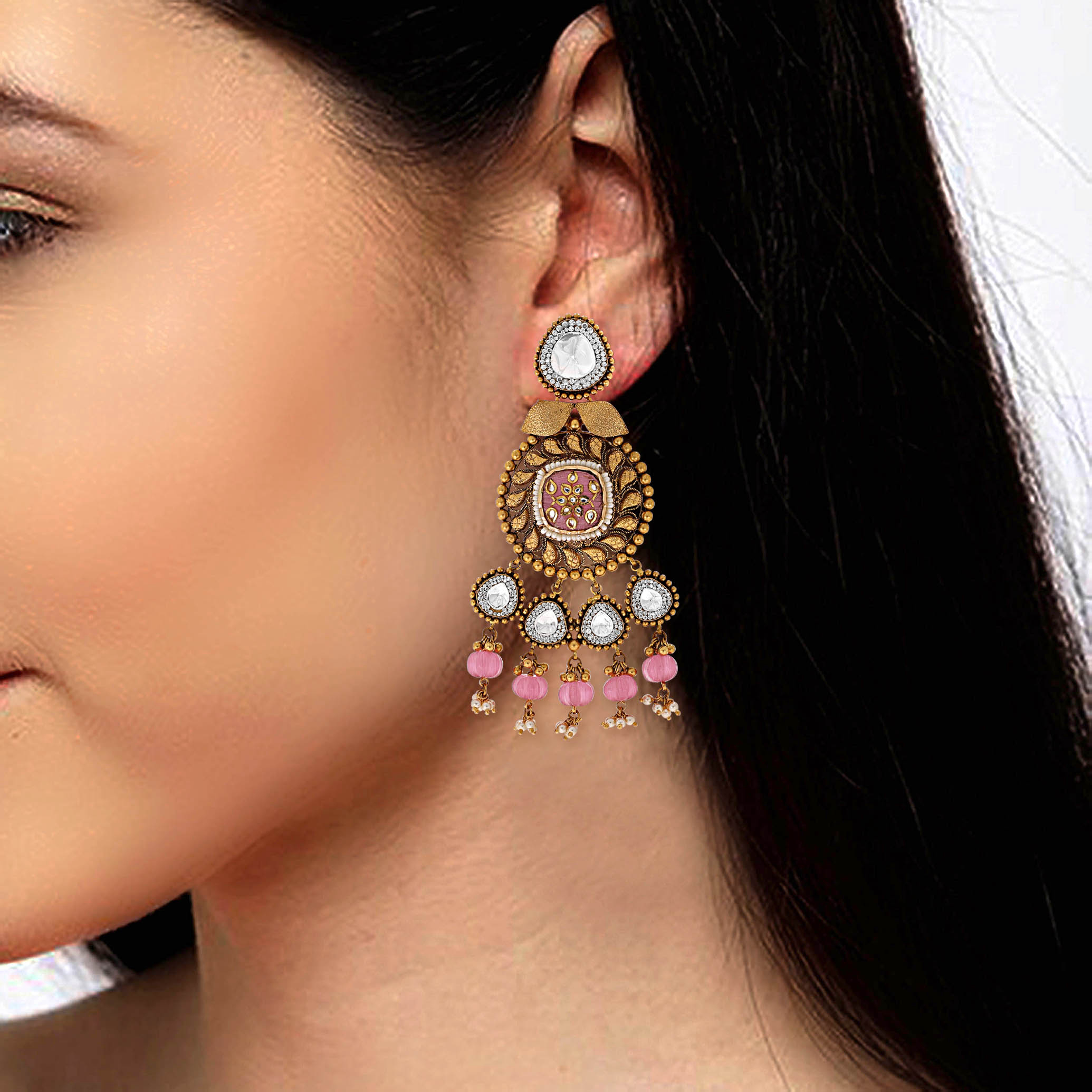 Blossoming Antique Gold Kundan Danglers - Senco Gold and Diamonds