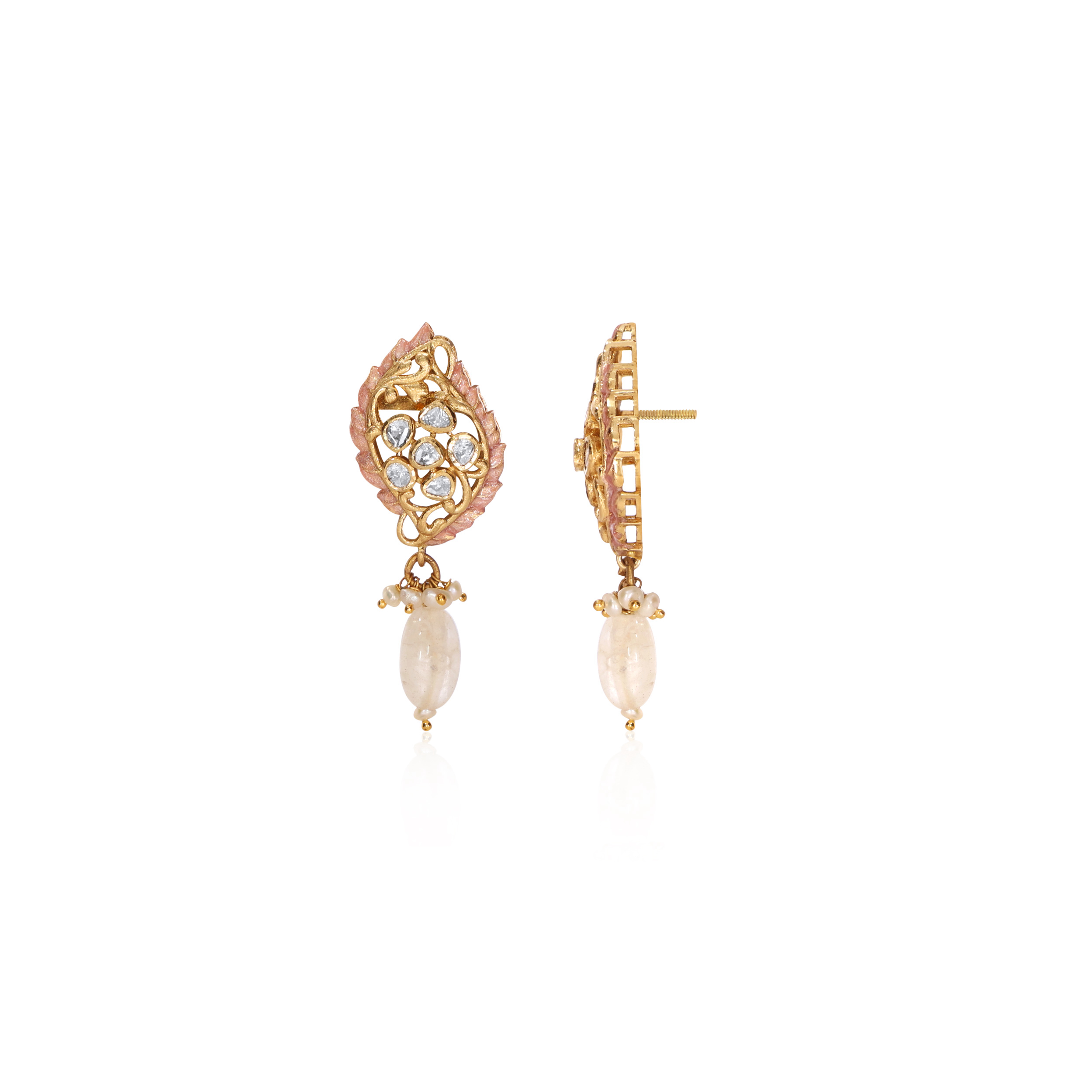 Artistic Leaf Polki Gold Drop Earrings - Senco Gold and Diamonds