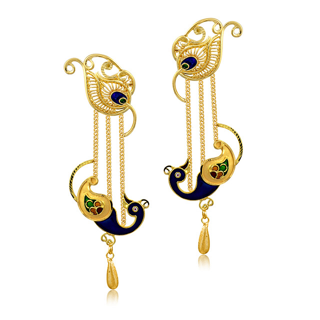 Dancing Peacock Gold Earrings - Senco Gold and Diamonds