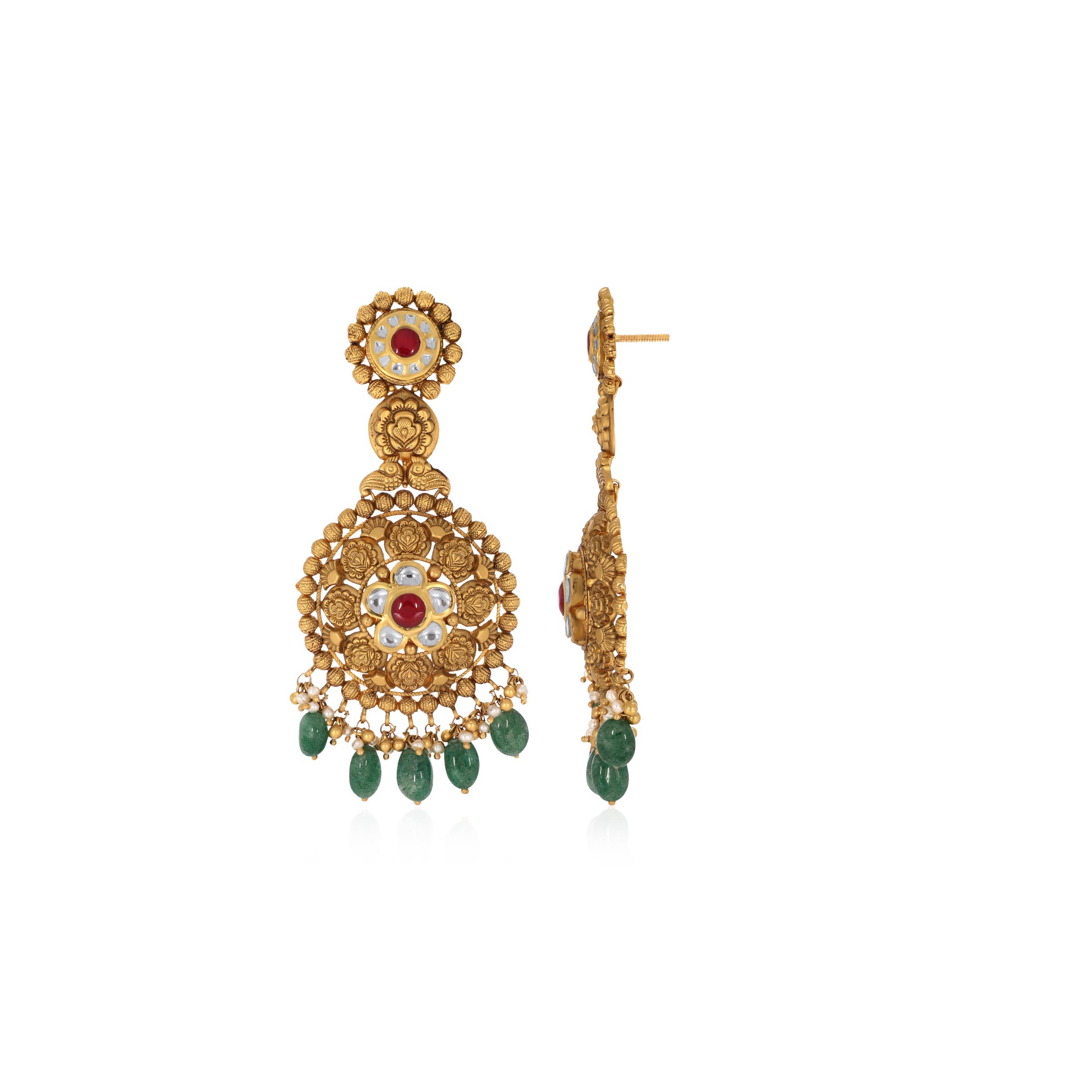 Bloomed Aura Antique Gold Kundan Danglers - Senco Gold and Diamonds