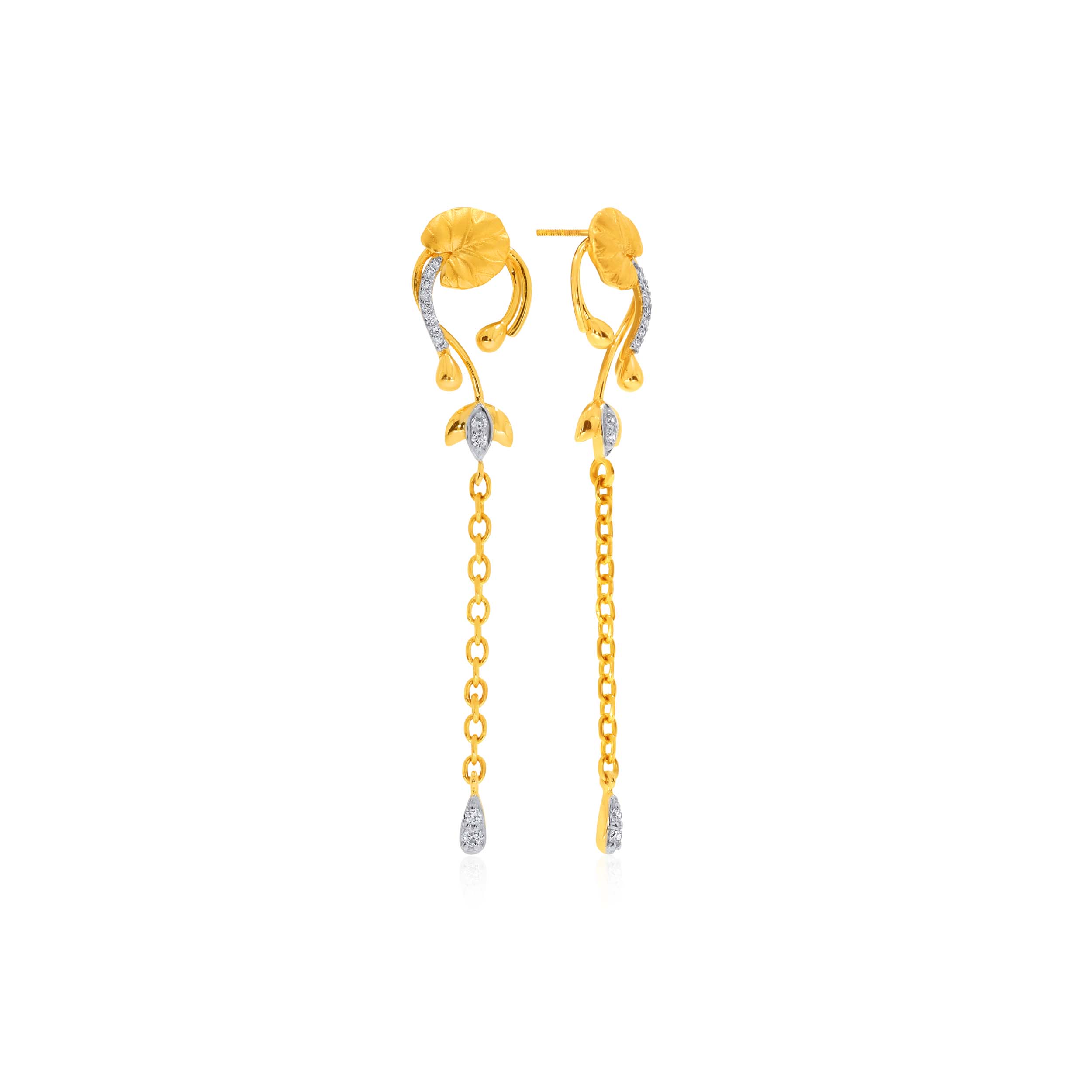 Artsy Lotus Diamond Long Earrings - Senco Gold and Diamonds