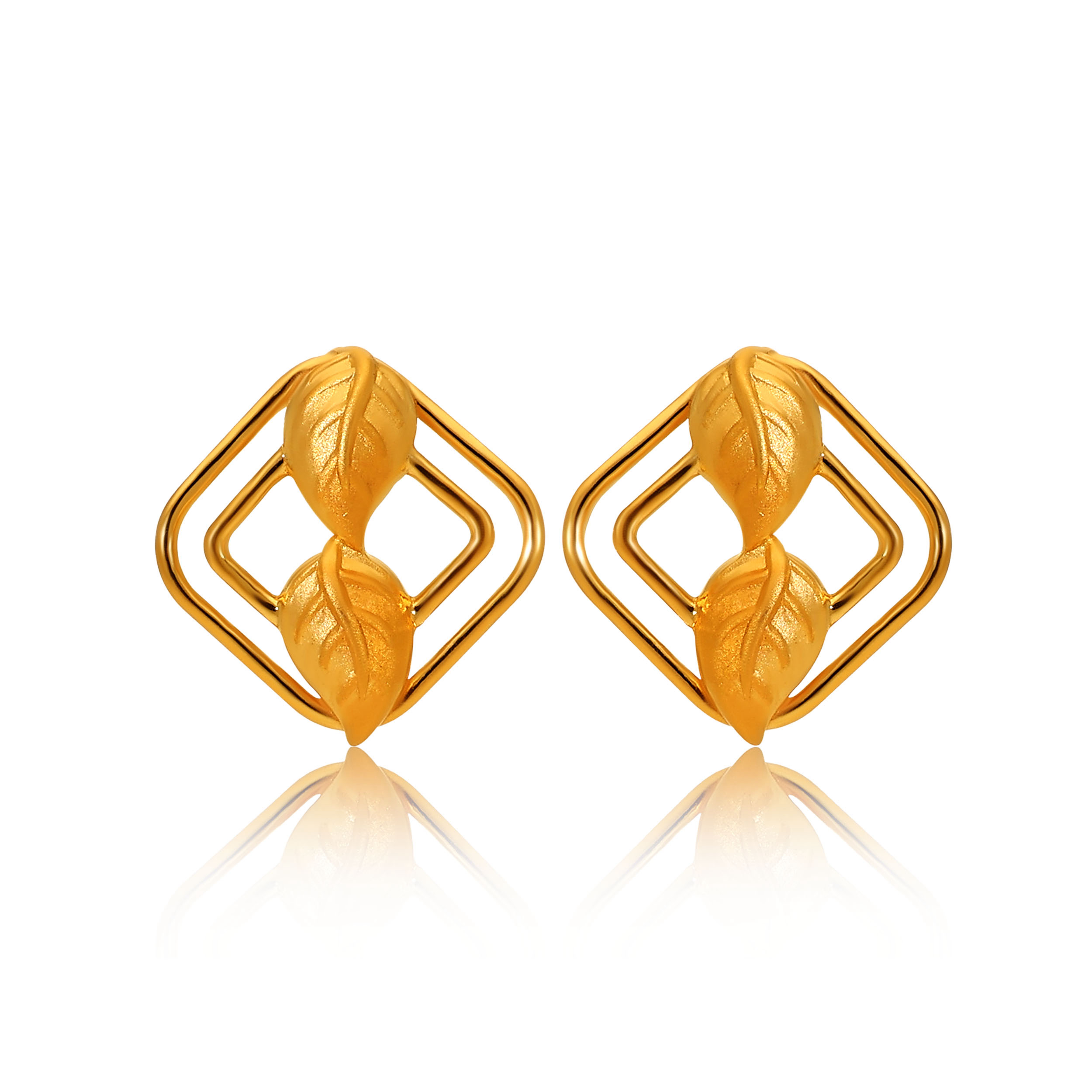 Leaf In Square Gold Studs - Senco Gold and Diamonds