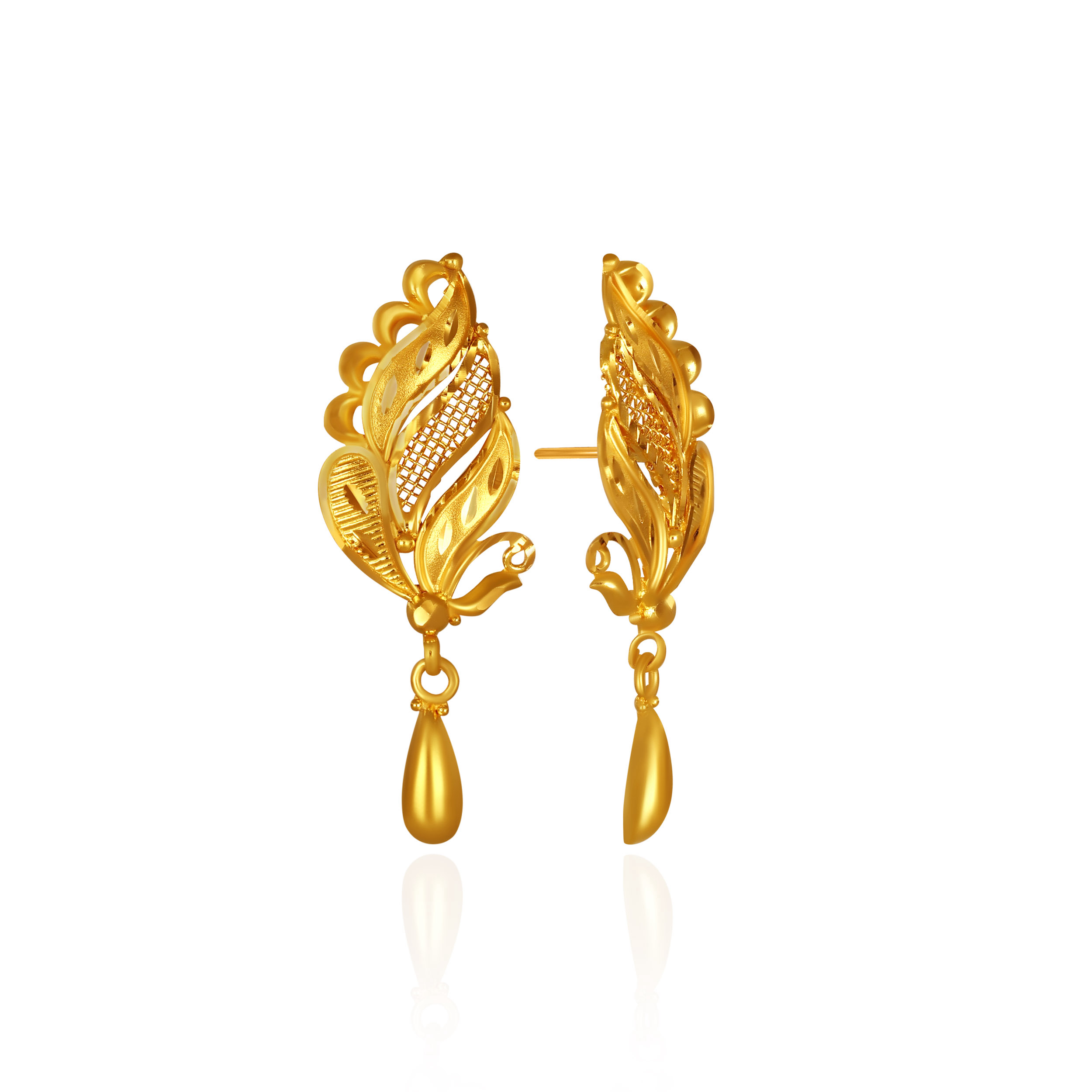 Swaying Feather Gold Drop Earrings - Senco Gold and Diamonds