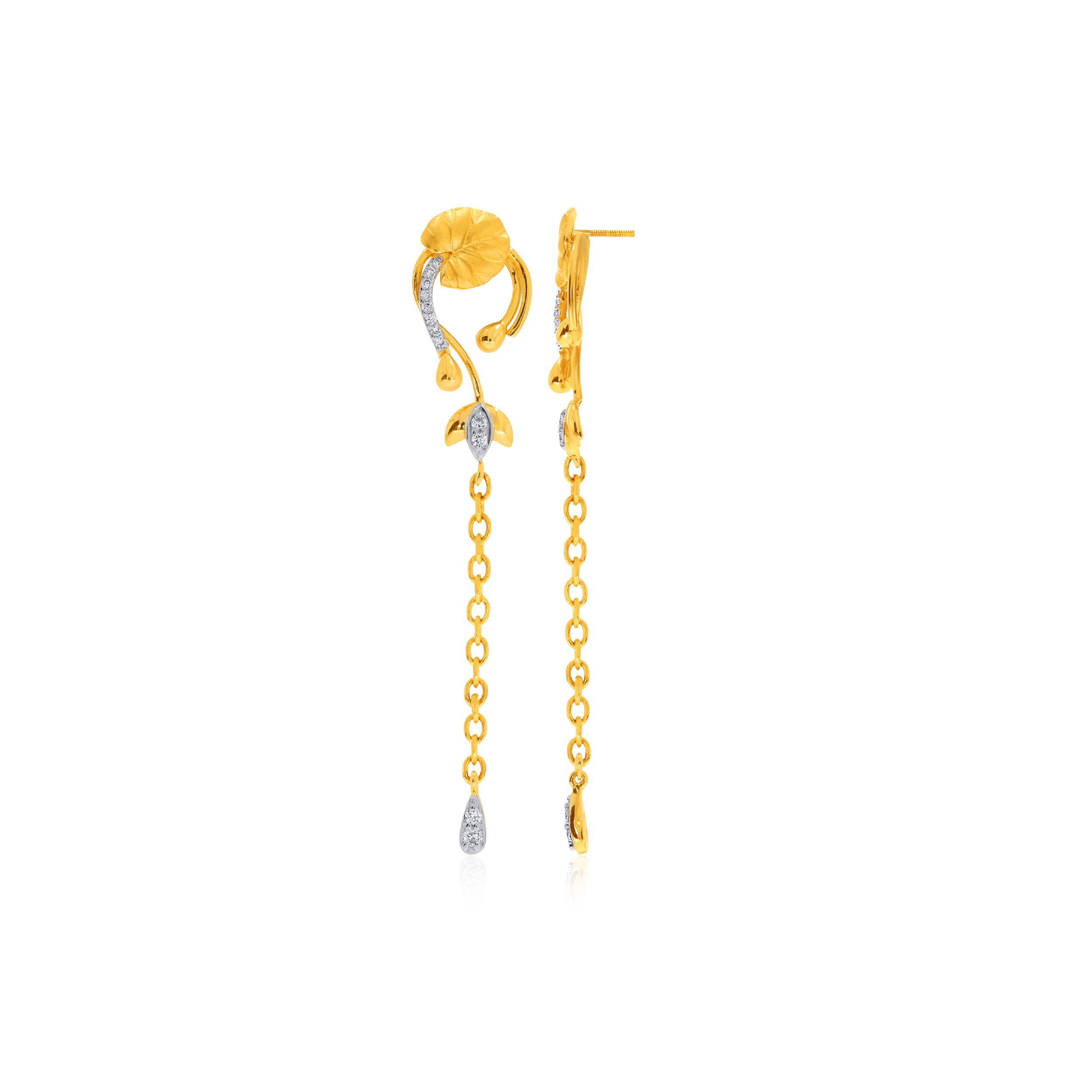 Artsy Lotus Diamond Long Earrings - Senco Gold and Diamonds