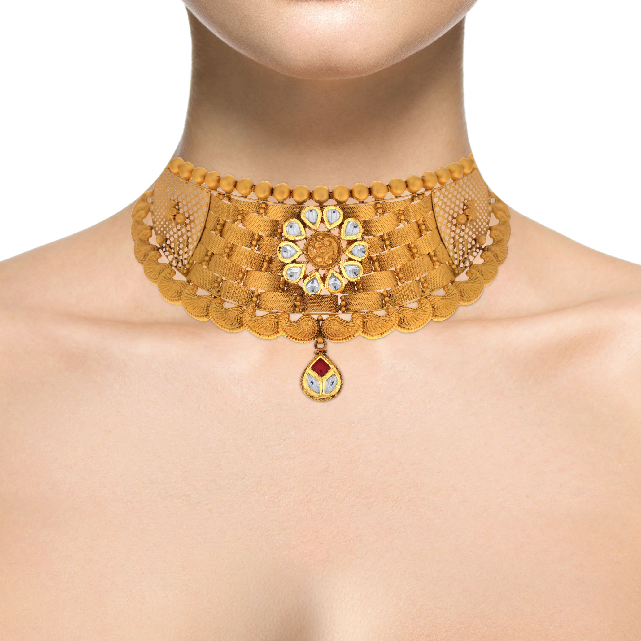 Shiny Bloom Antique Gold Kundan Choker Necklace - Senco Gold and Diamonds