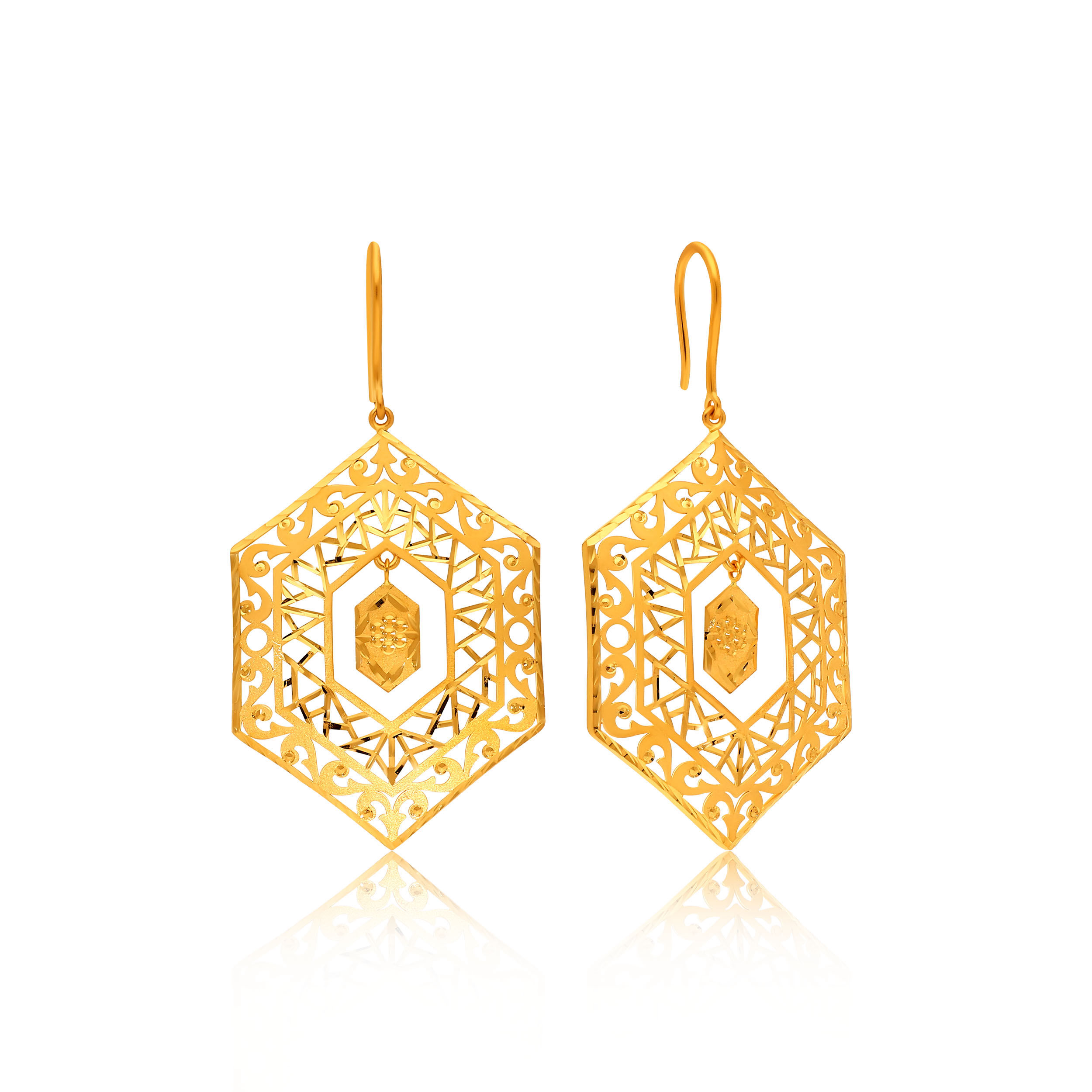 Filigree Hexagon Gold Drop Earrings - Senco Gold and Diamonds