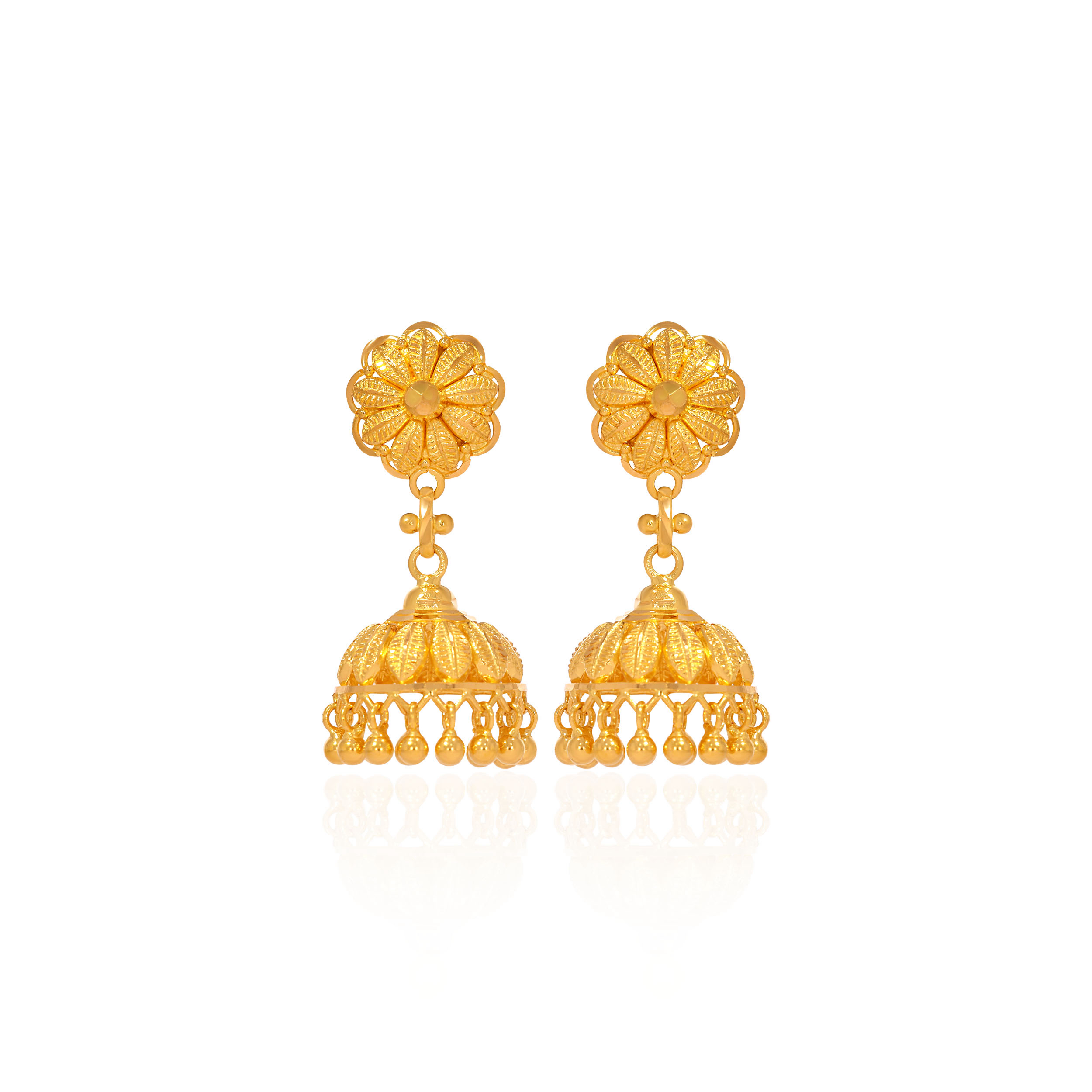 Floral Embellished Gold Jhumka Earrings - Senco Gold and Diamonds