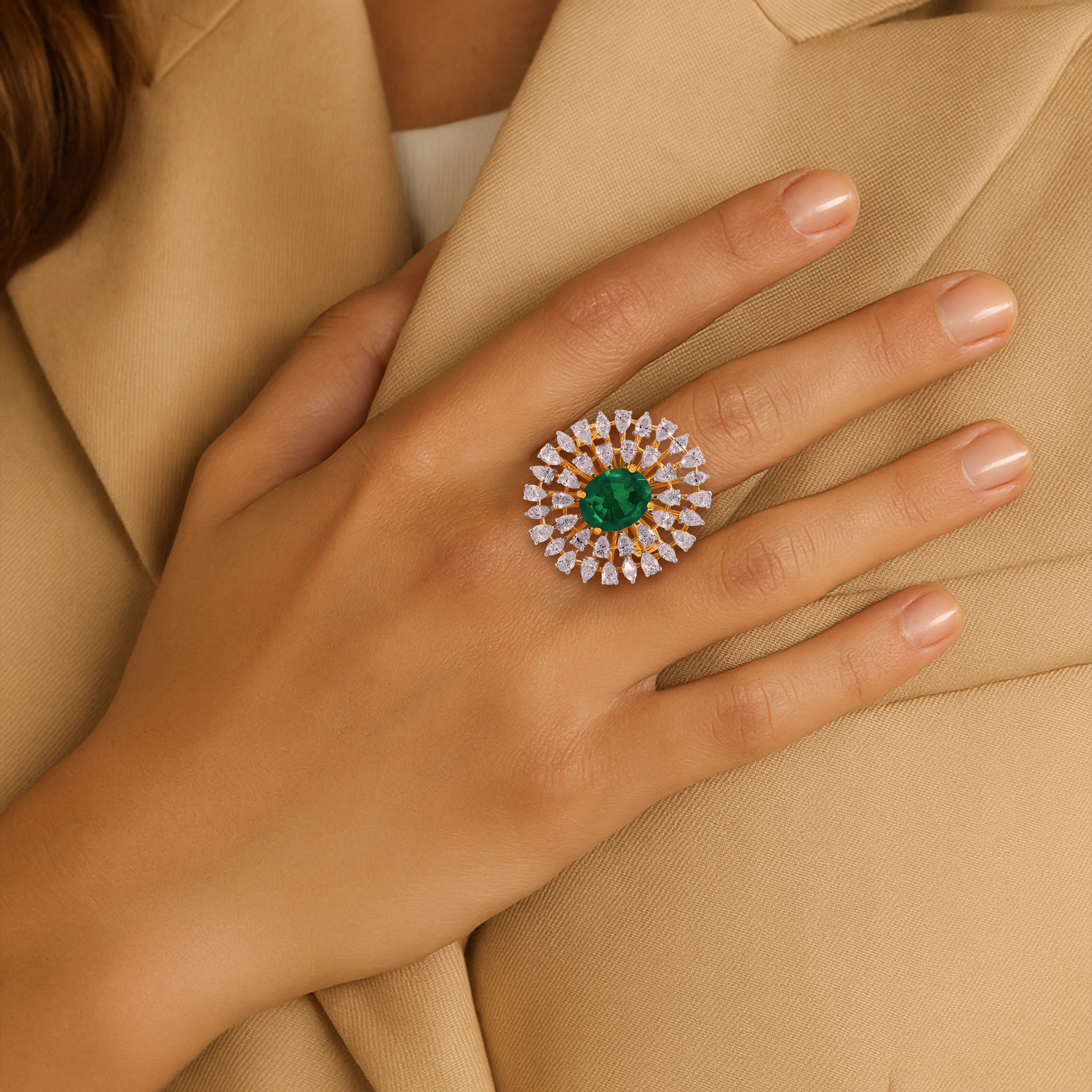 Emerald Sunburst Diamond Ring - Senco Gold and Diamonds