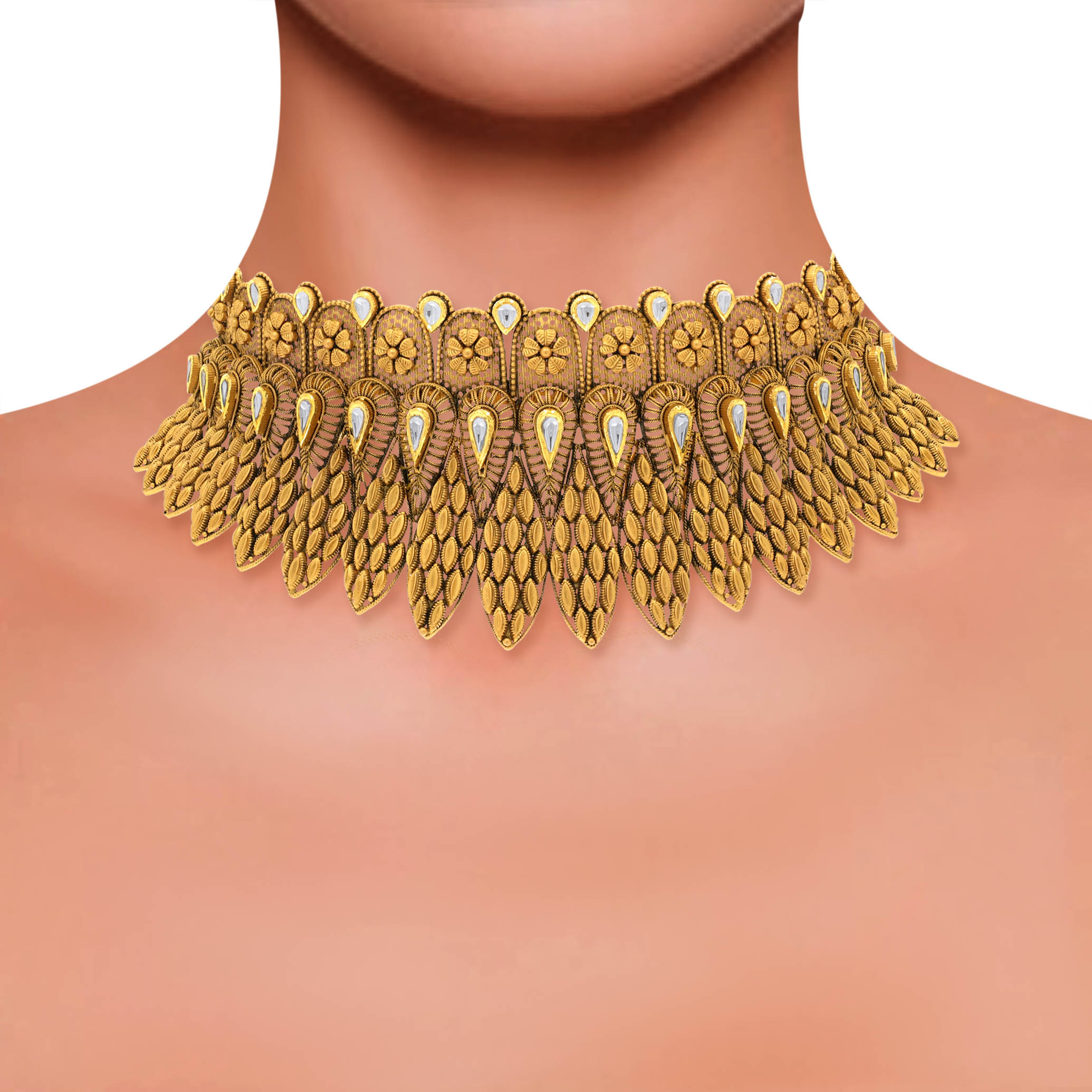 Royal Feathers Antique Gold Choker Necklace - Senco Gold and Diamonds