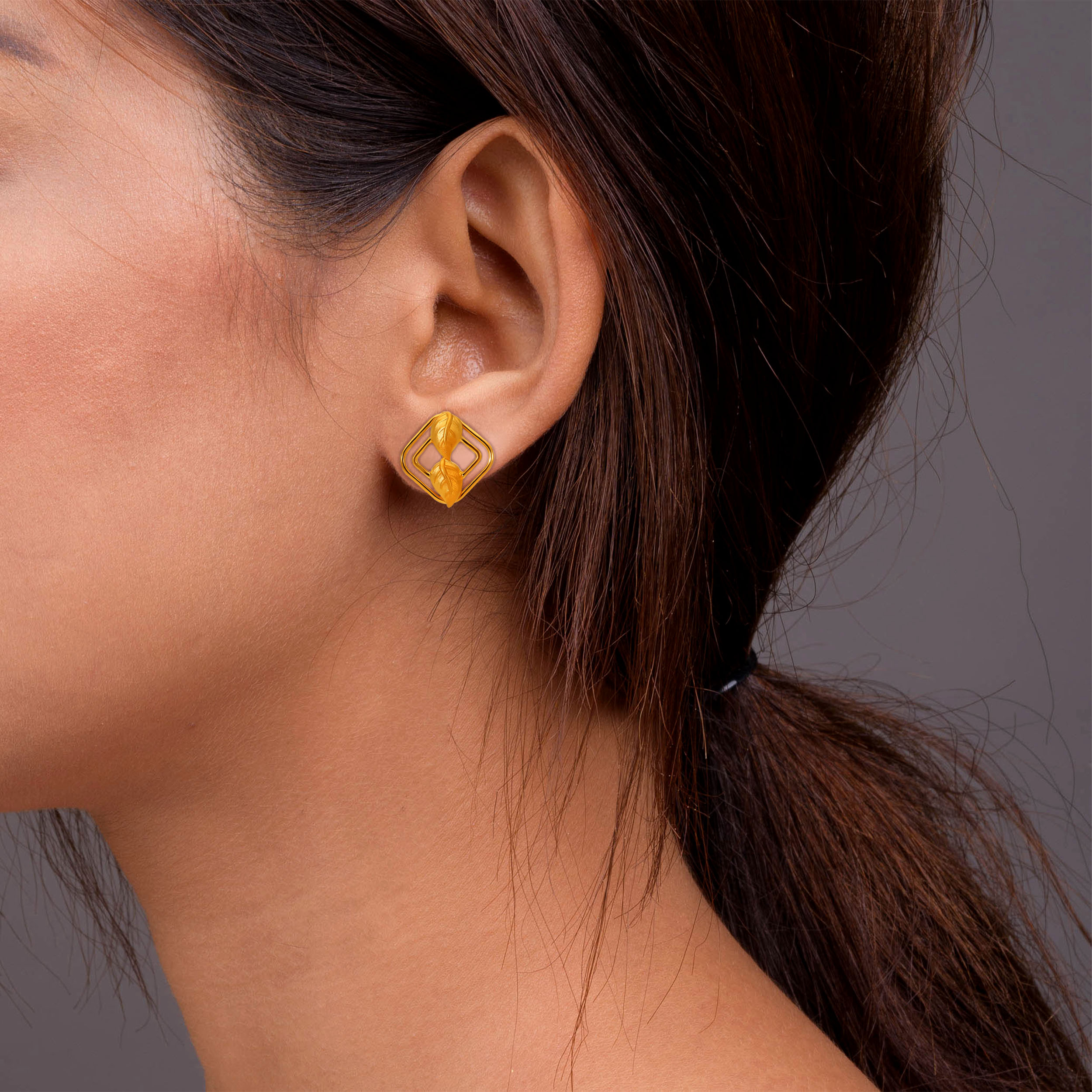 Leaf In Square Gold Studs - Senco Gold and Diamonds