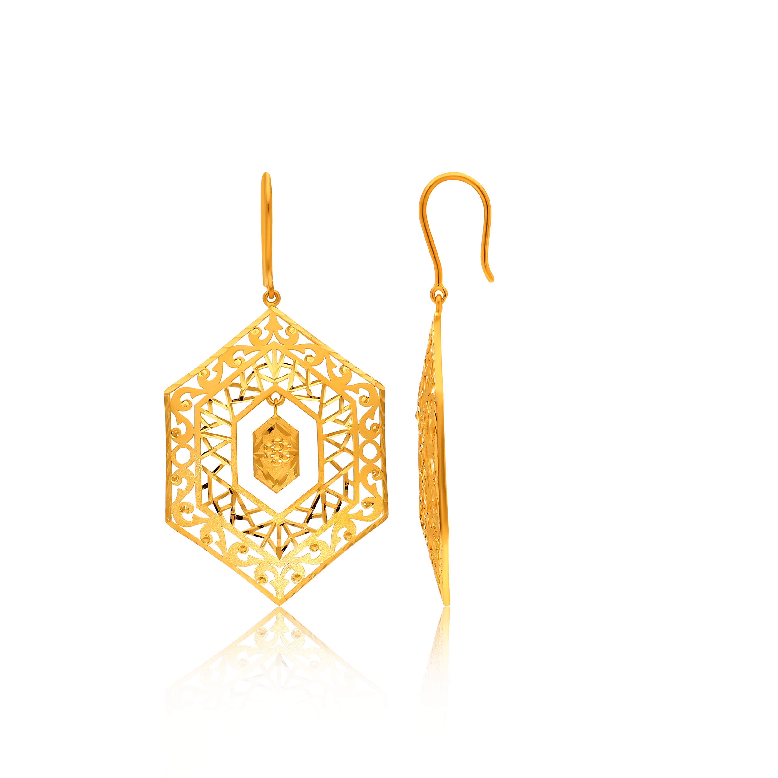 Filigree Hexagon Gold Drop Earrings - Senco Gold and Diamonds
