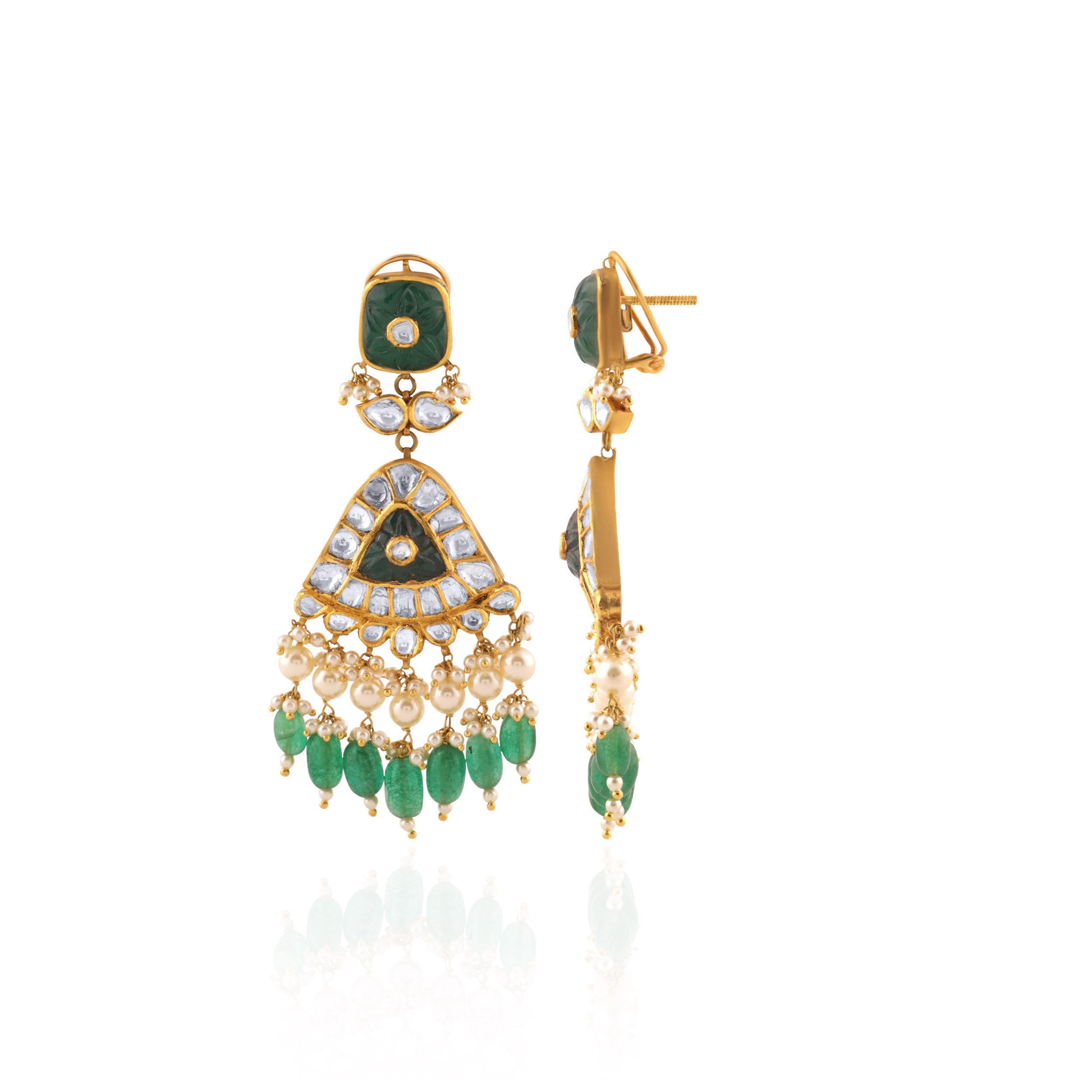 Elysian Emerald Long Polki Earrings - Senco Gold and Diamonds