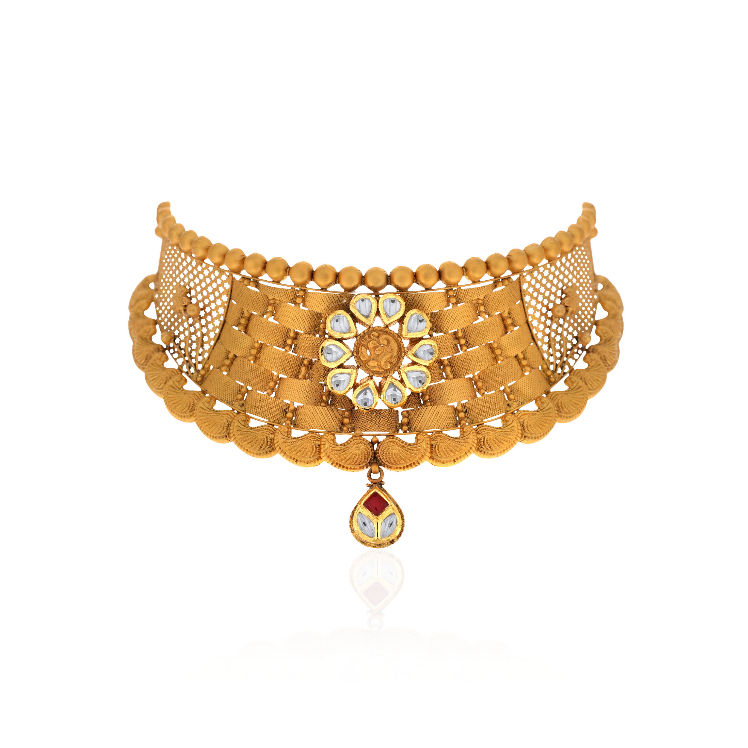 Shiny Bloom Antique Gold Kundan Choker Necklace - Senco Gold and Diamonds