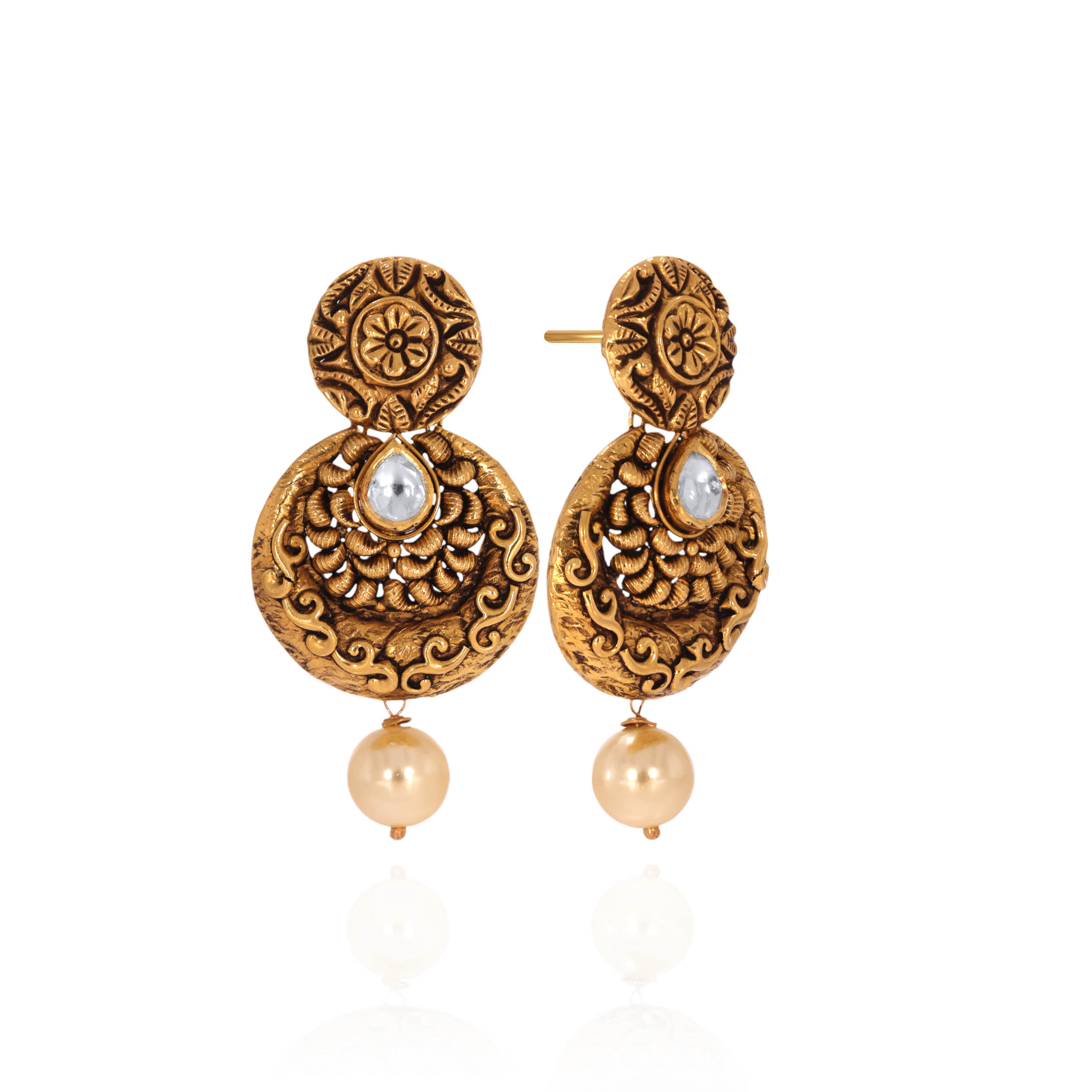 Heritage Carved Gold Kundan Earrings - Senco Gold and Diamonds