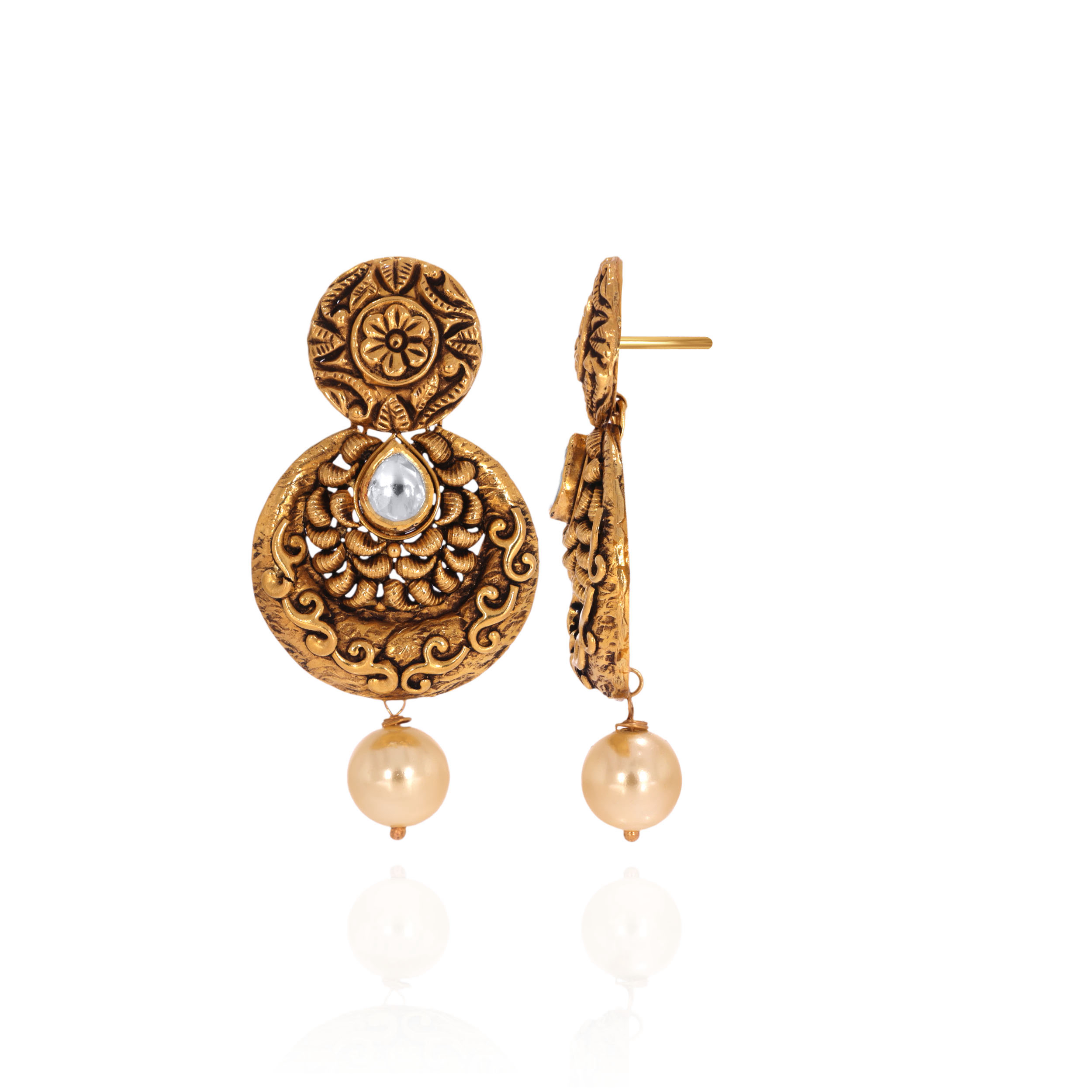 Heritage Carved Gold Kundan Earrings - Senco Gold and Diamonds