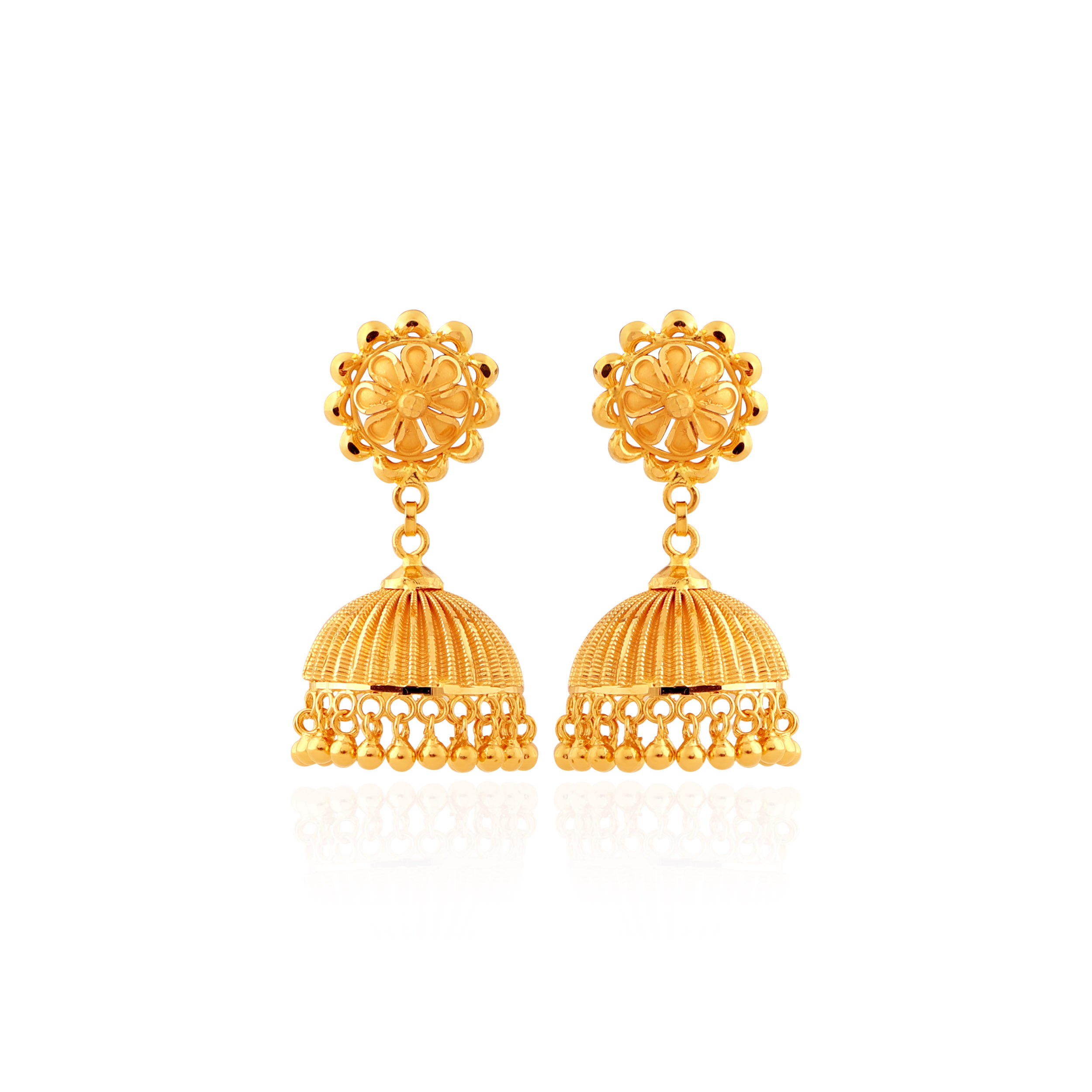 Delicate Ribbed Detail Gold Jhumka Earrings - Senco Gold and Diamonds