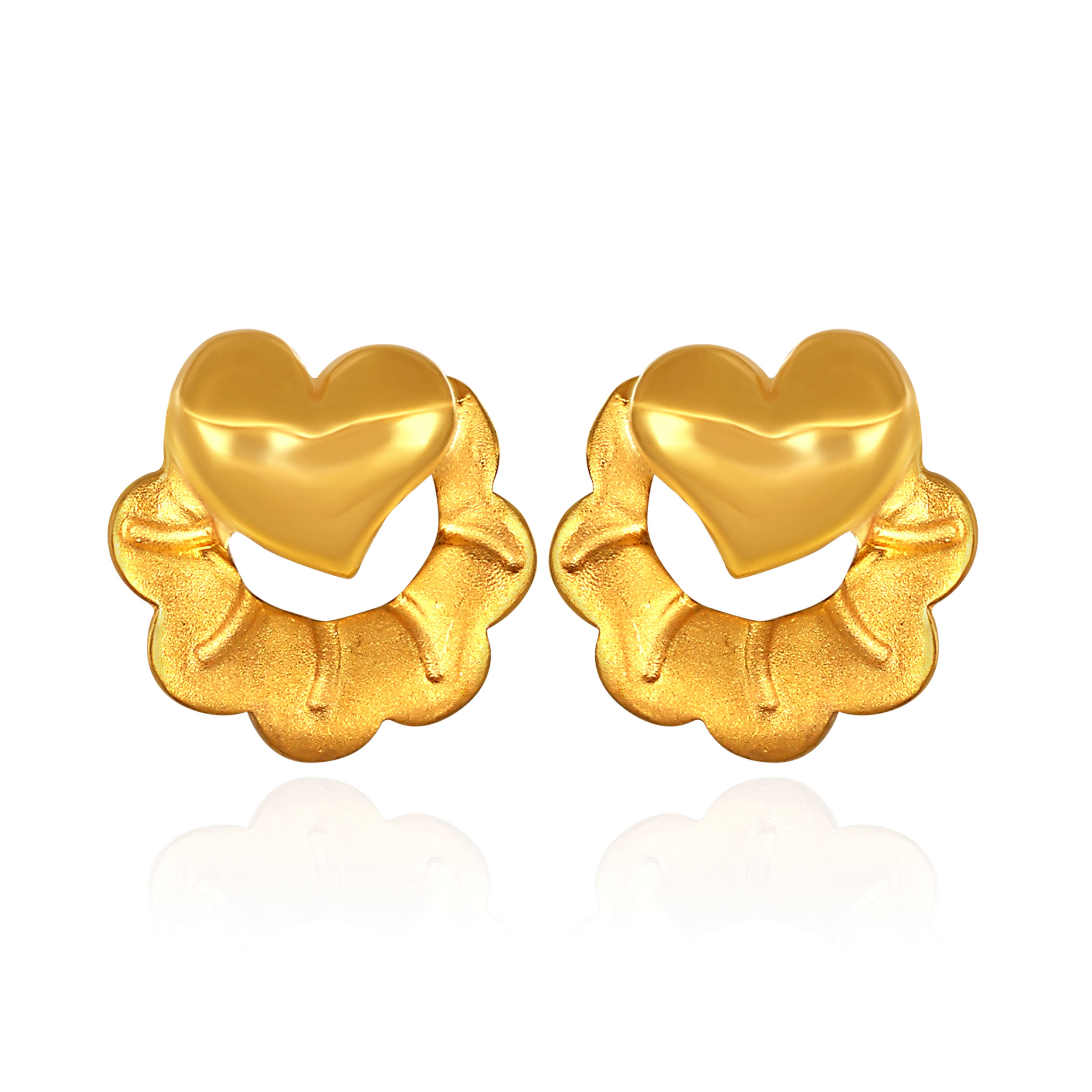 Puffed Heart Bloom Gold Studs - Senco Gold and Diamonds