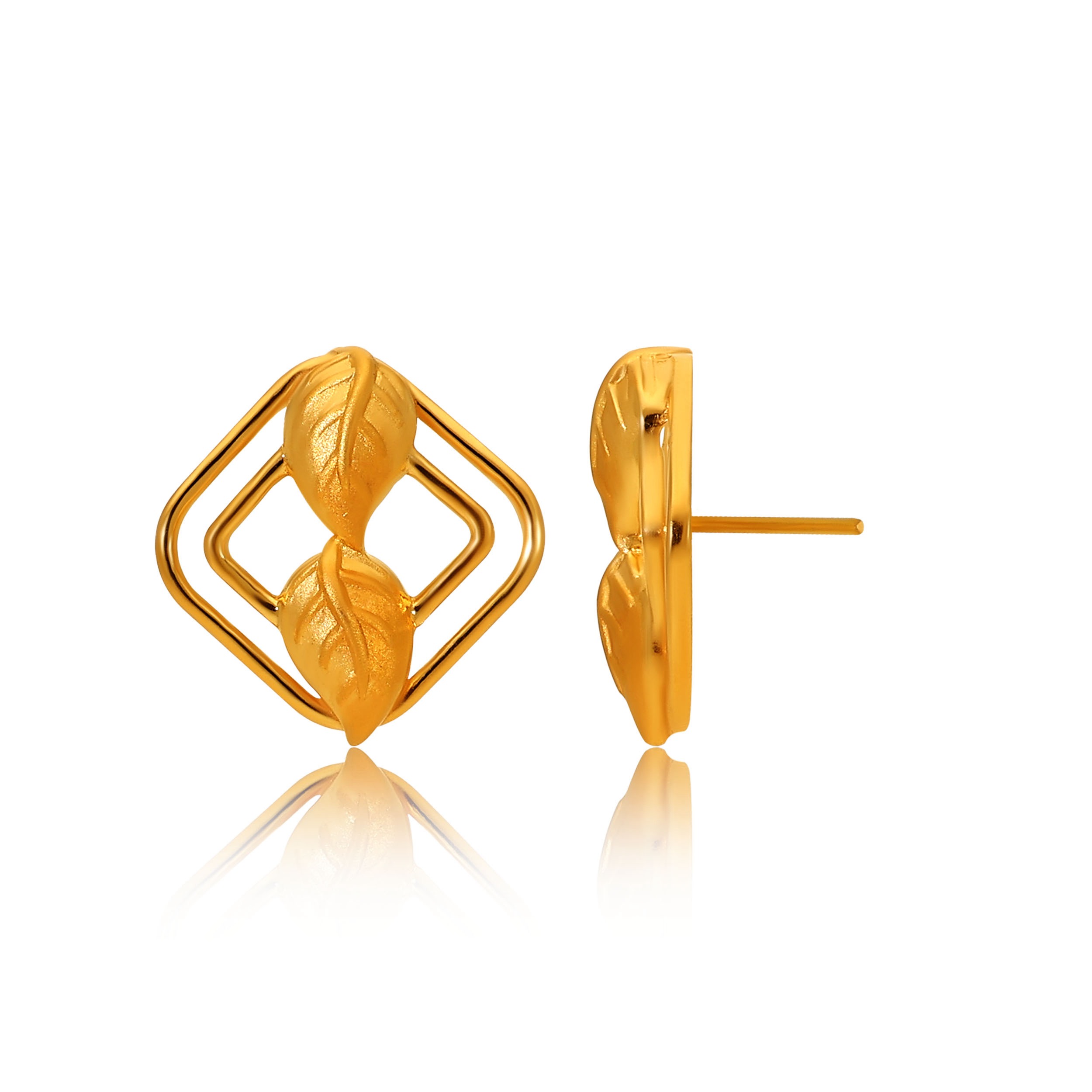Leaf In Square Gold Studs - Senco Gold and Diamonds