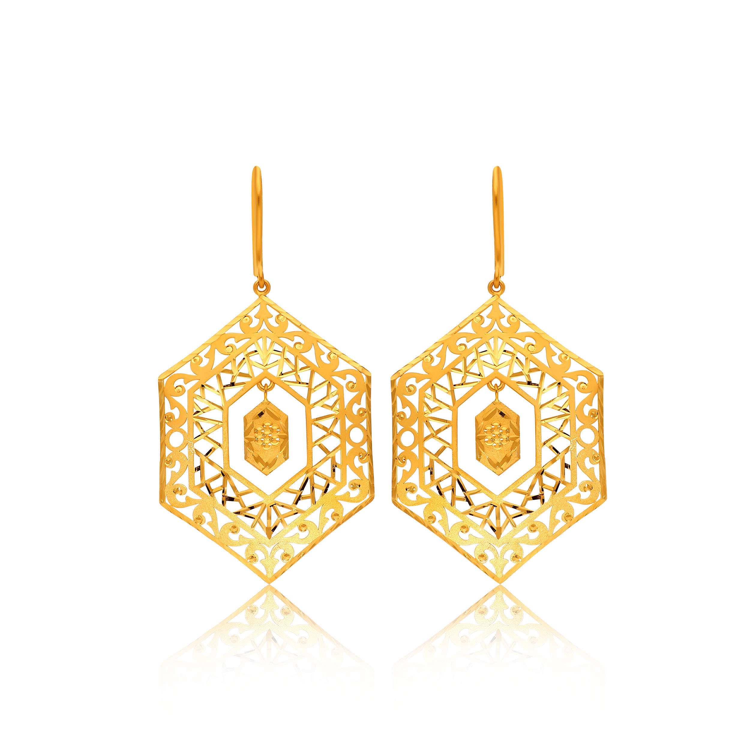 Filigree Hexagon Gold Drop Earrings - Senco Gold and Diamonds