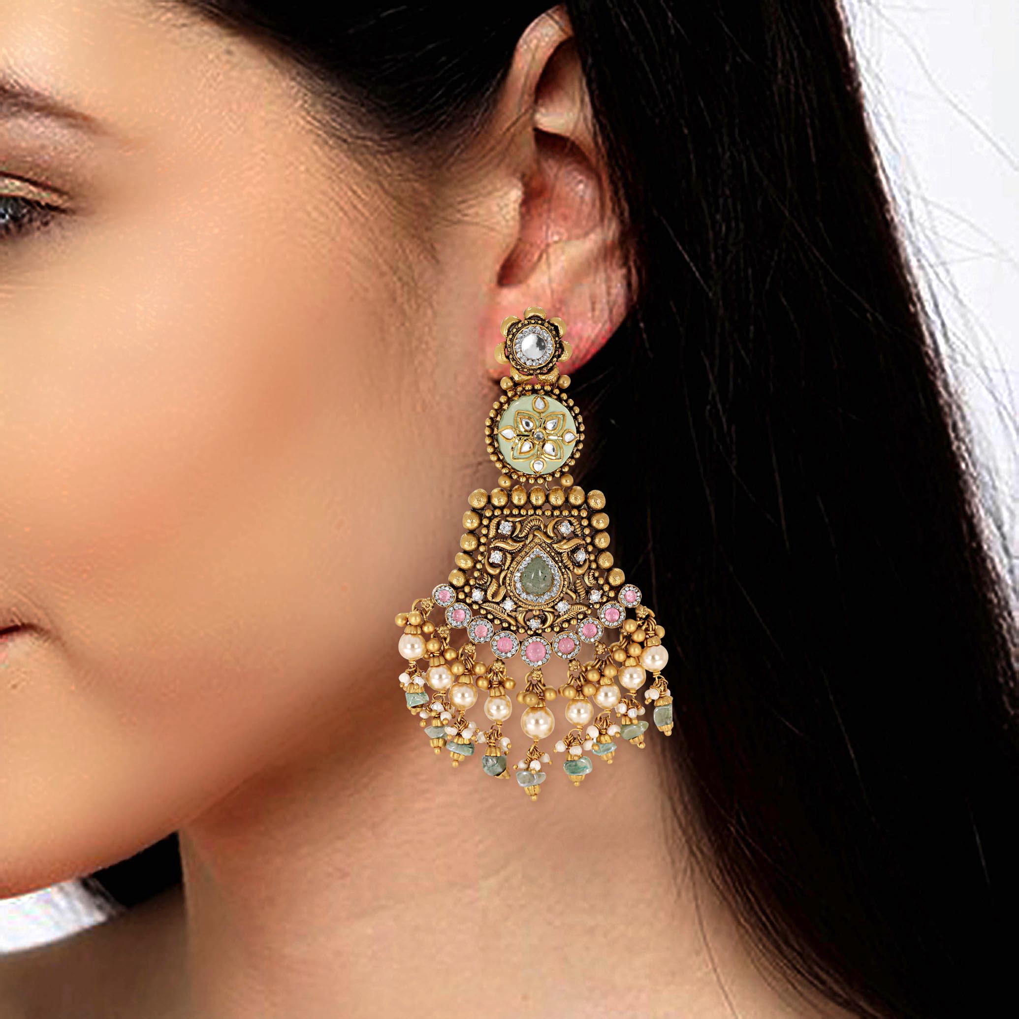 Enchanting Antique Gold Kundan Danglers - Senco Gold and Diamonds