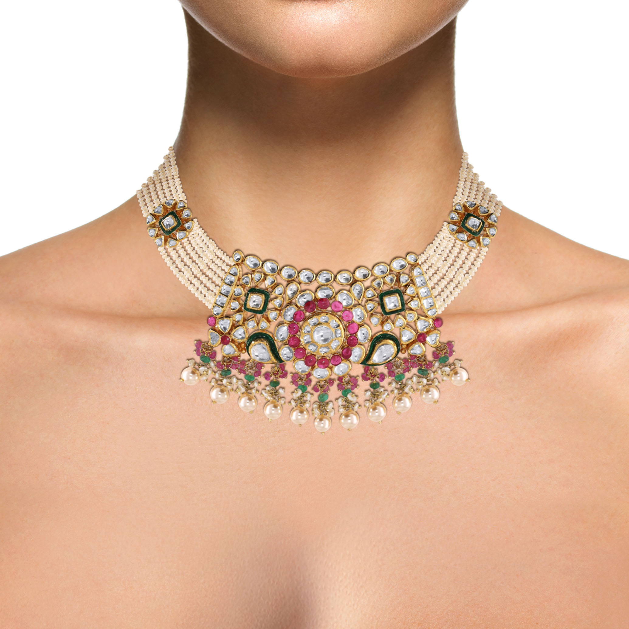 18K Yellow Gold Kundan Necklace-GN-D000782225 - Senco Gold and Diamonds