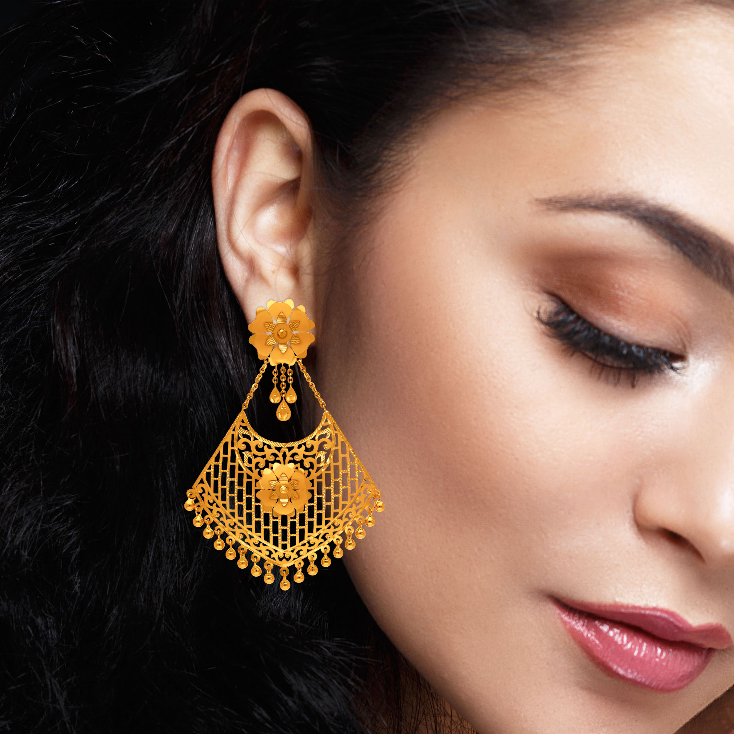 Opulent Motif Gold Chand Bali Earrings - Senco Gold and Diamonds